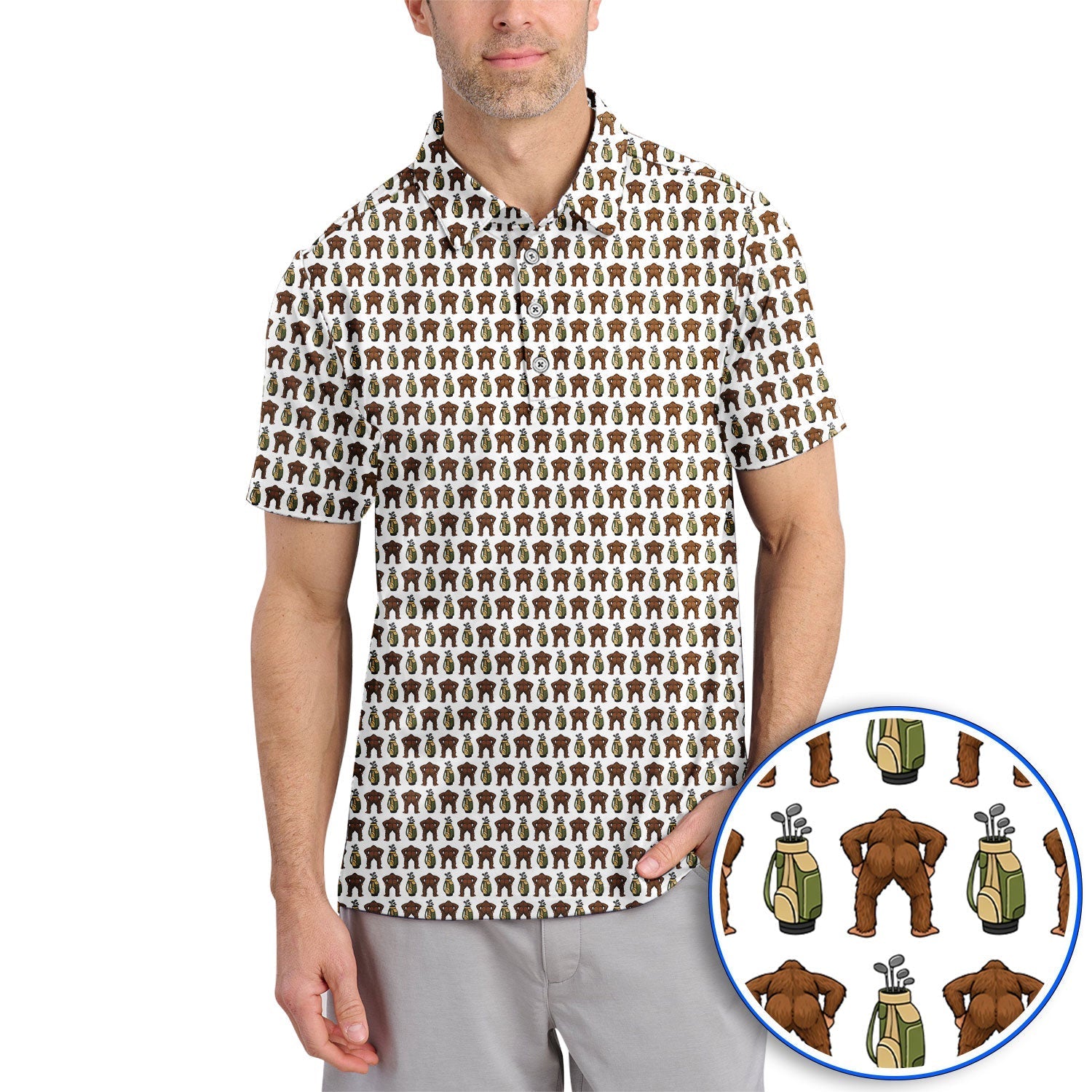 Bigfoot Pattern Golf Polos, Funny Sasquatch Golf Shirt, Golf Gift For Men