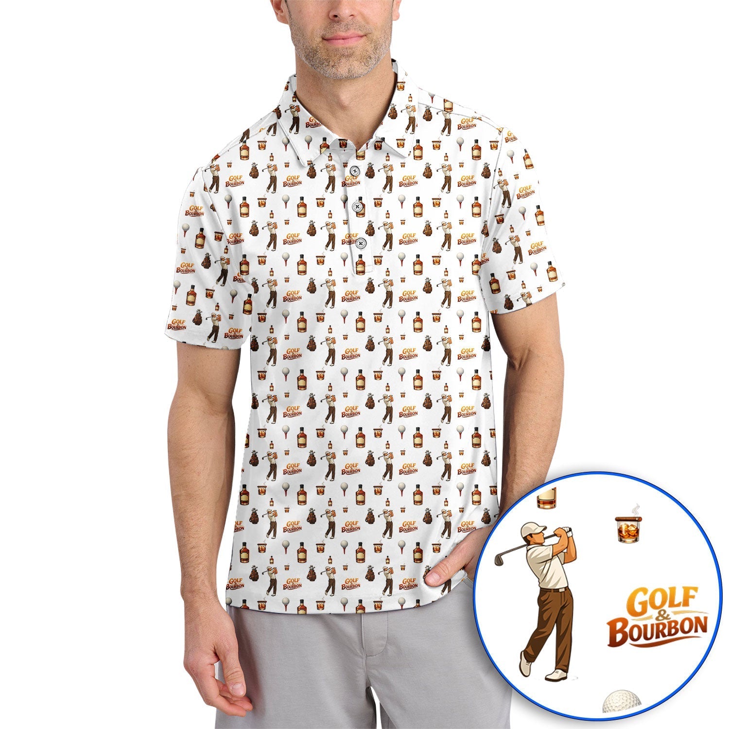 Crazy Golf Shirt For Men, Golf & Bourbon Pattern Golf Polos, Funny Golf Gift For Golfer