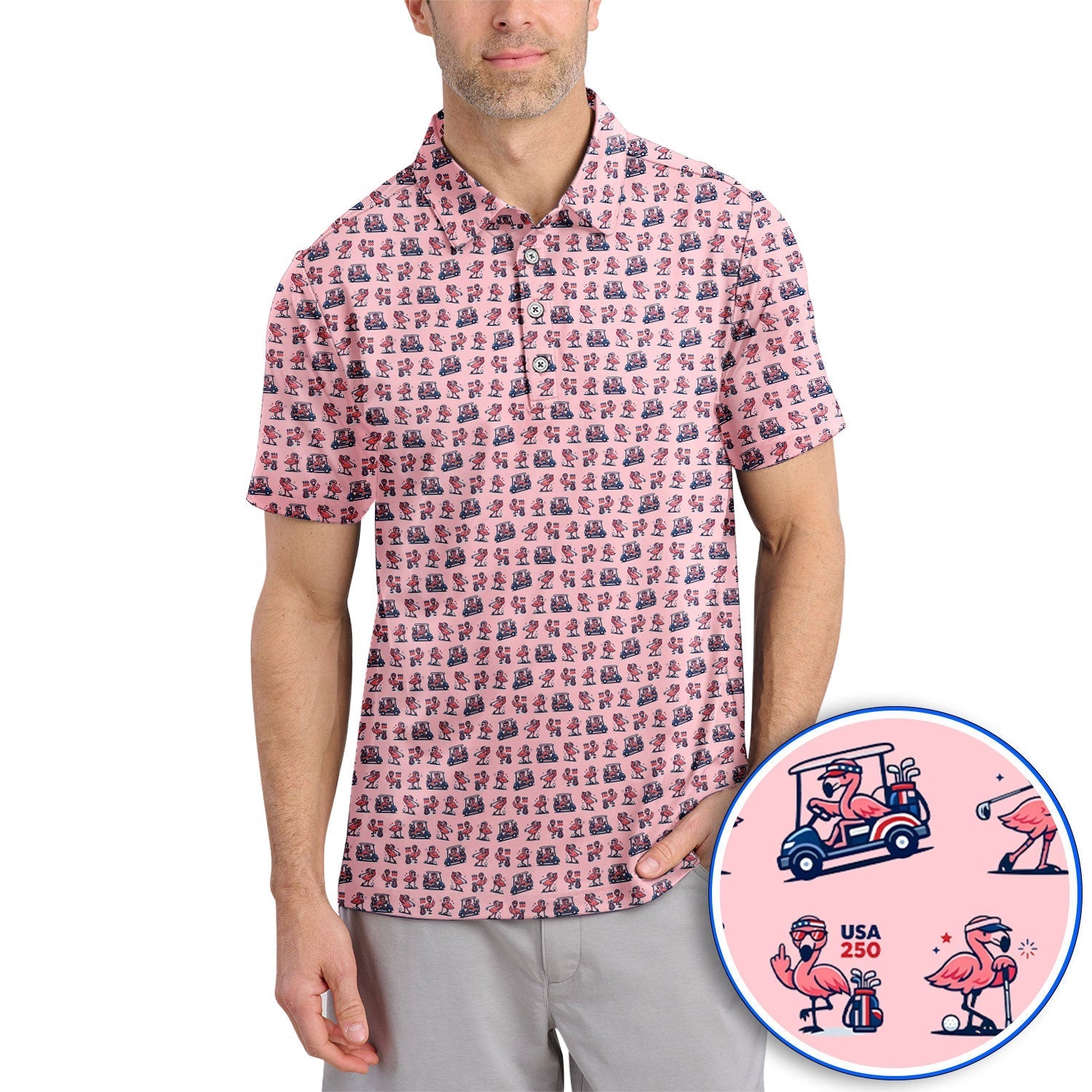 Funny Flamingo Pattern Golf Polos, USA 250 Patriotic Summer Golf Shirt, Crazy Golf Gift For Golfer
