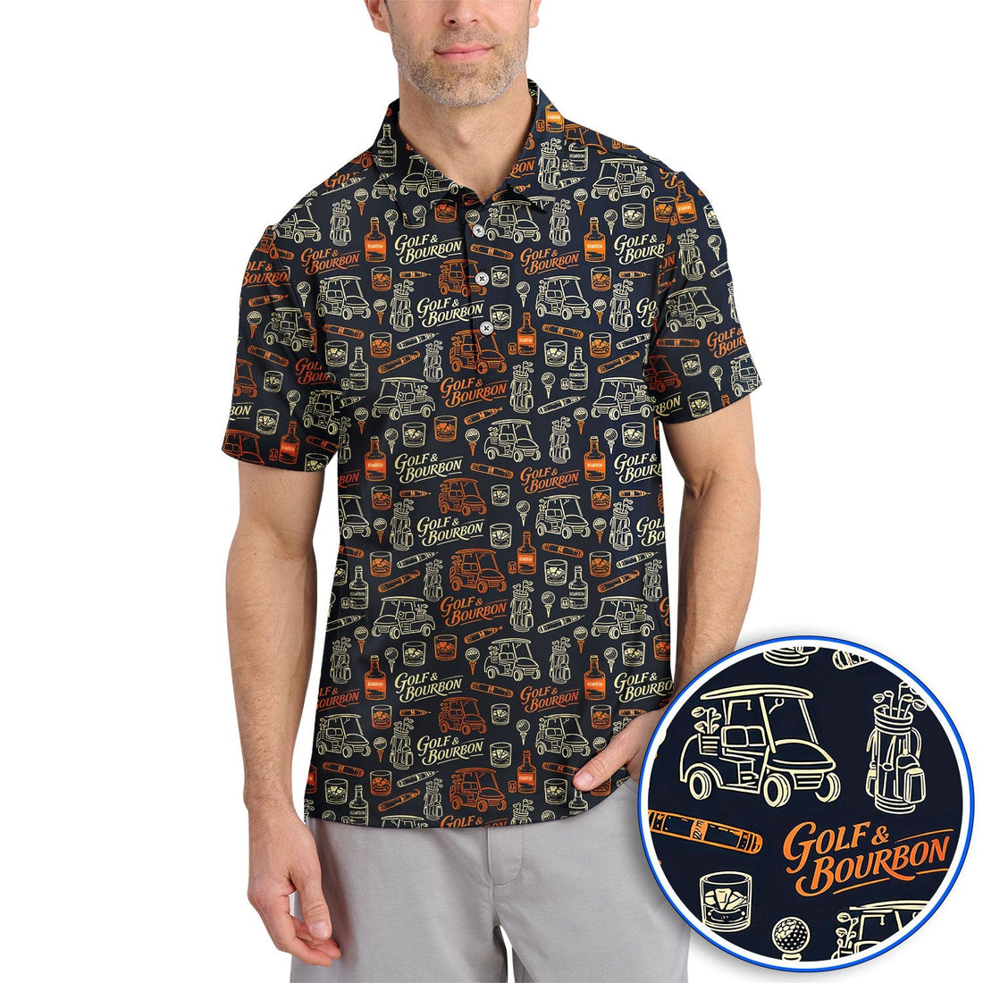 Golf & Bourbon Pattern Golf Polos, Crazy Golf Shirt For Golfer, Golf Gift For Men