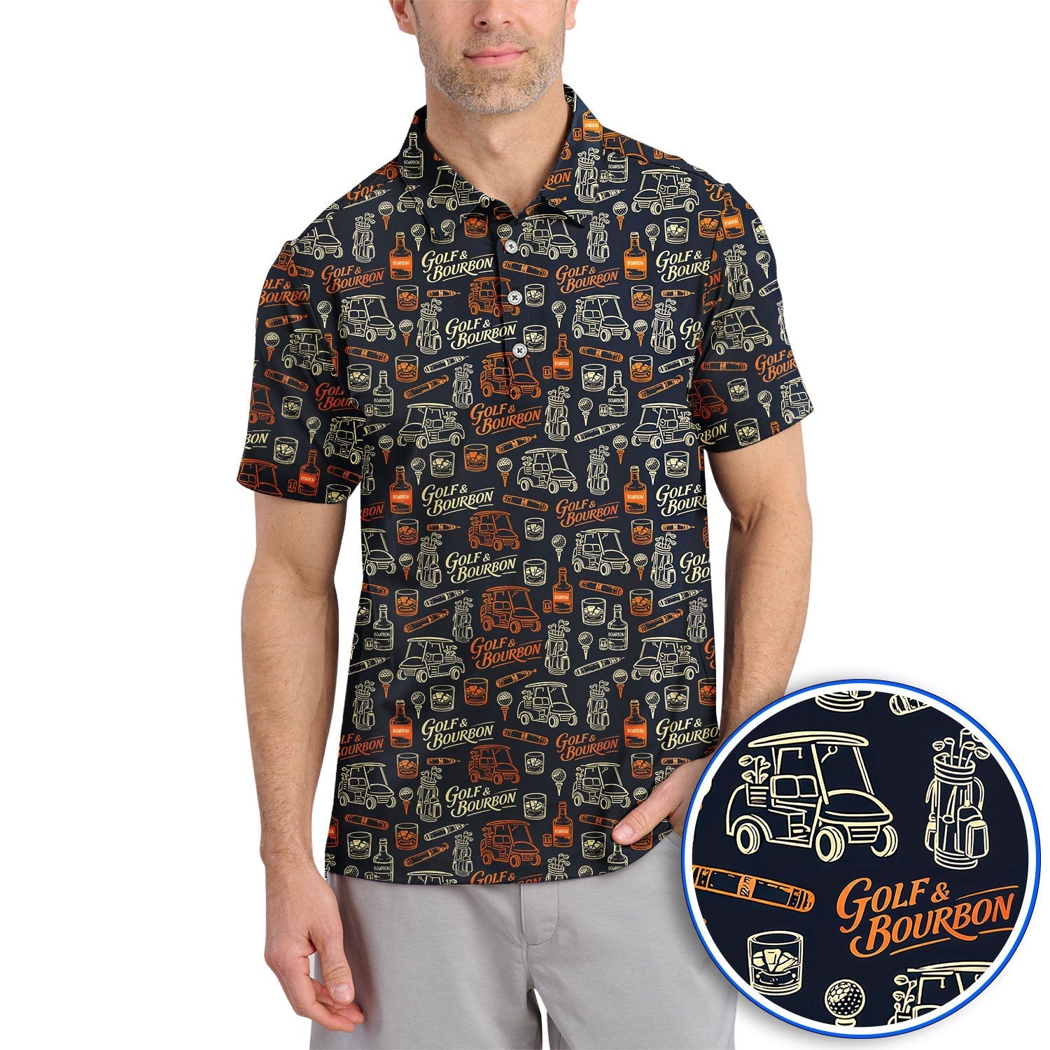 Golf & Bourbon Pattern Golf Polos, Crazy Golf Shirt For Golfer, Golf Gift For Men