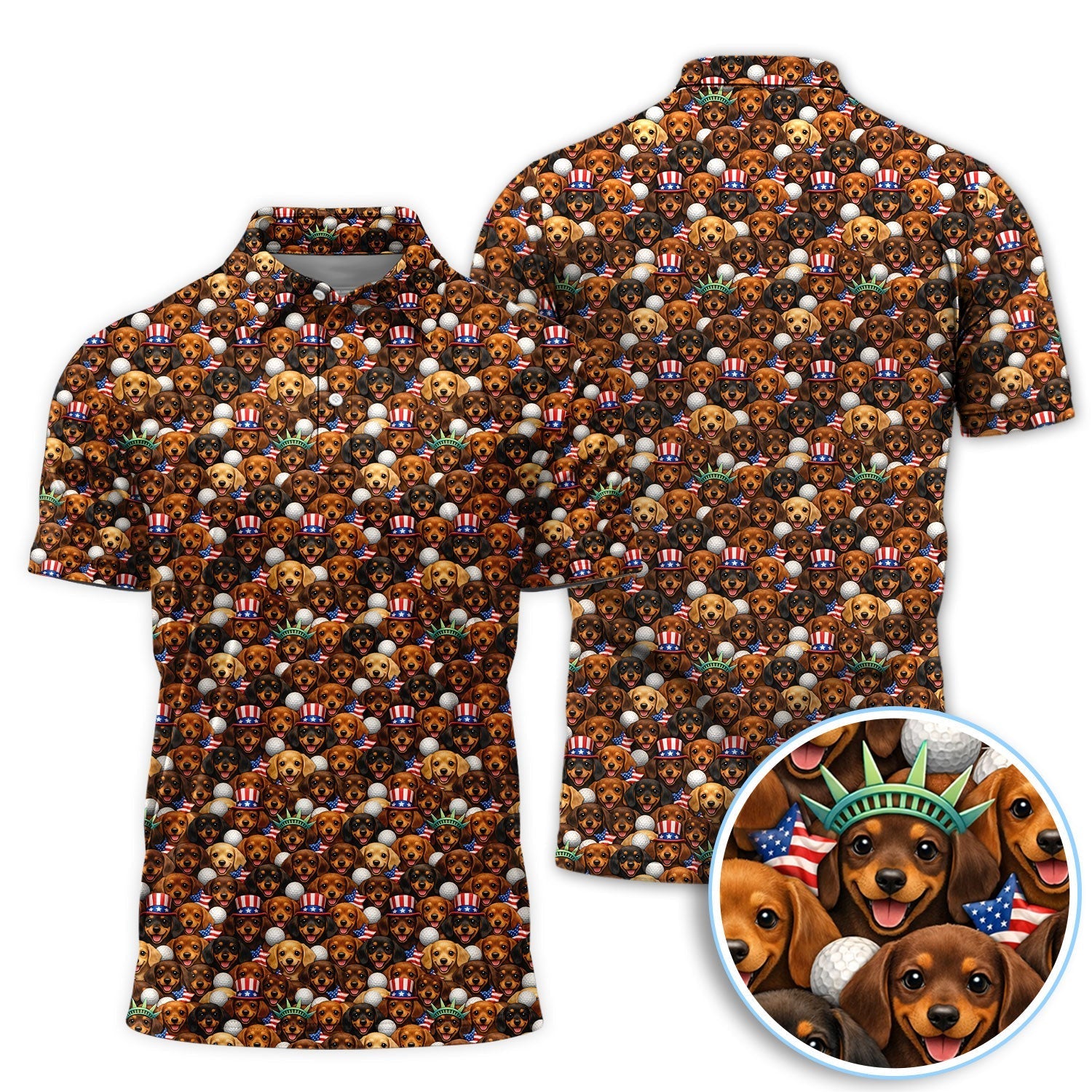 Dachshund USA 250th Pattern Golf Shirt, Wiener Dog Golf Polos For Men, Funny Golf Shirt For Golfer