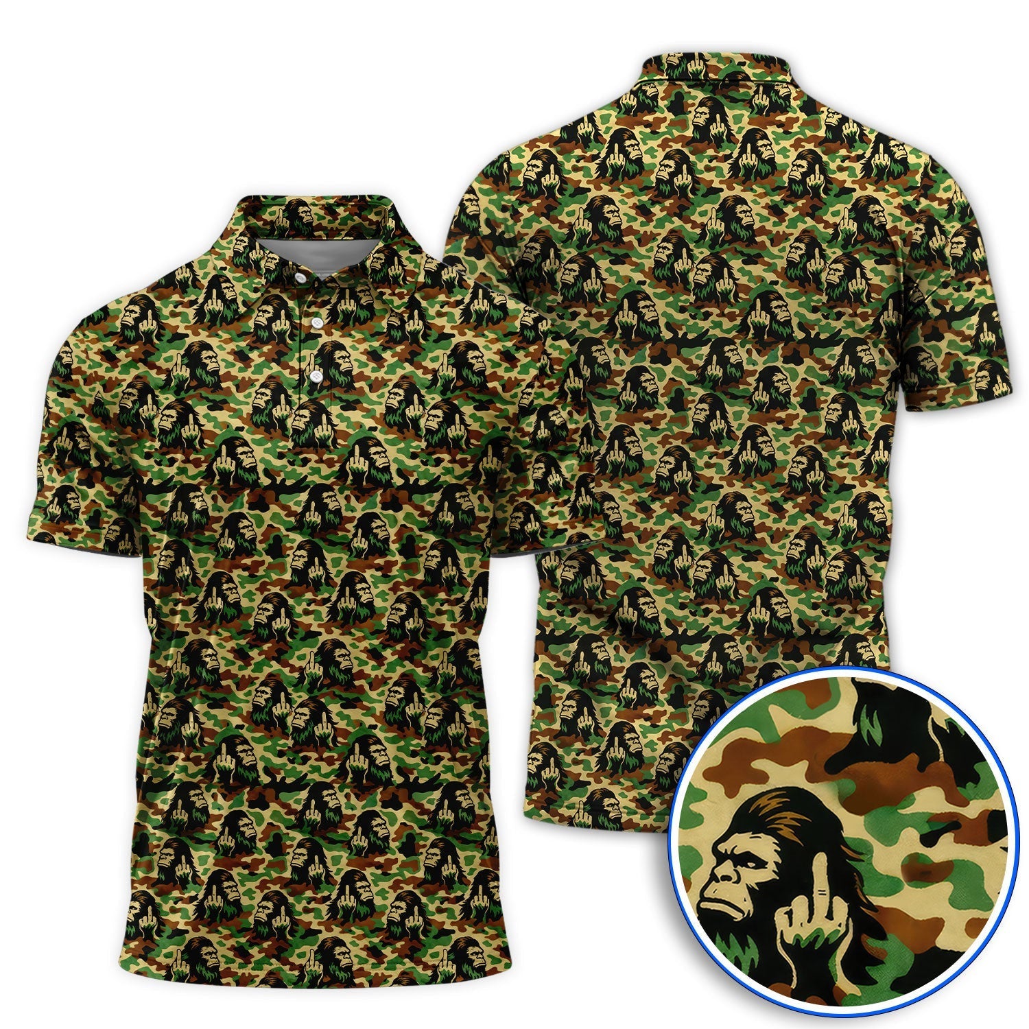 Funny Bigfoot Camo Pattern Golf Polos, Sasquatch Golf Shirt For Golfer, Crazy Golf Shirts For Men