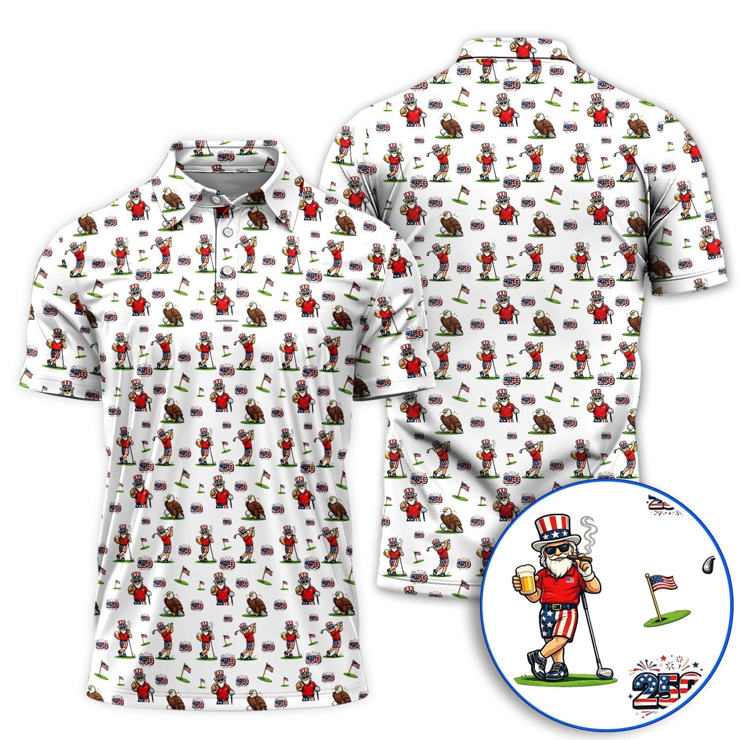 Funny USA Patriotic Golf Polos, USA Patriotic 250th Anniversary Pattern Golf Shirt, Golf Gift For Golfer