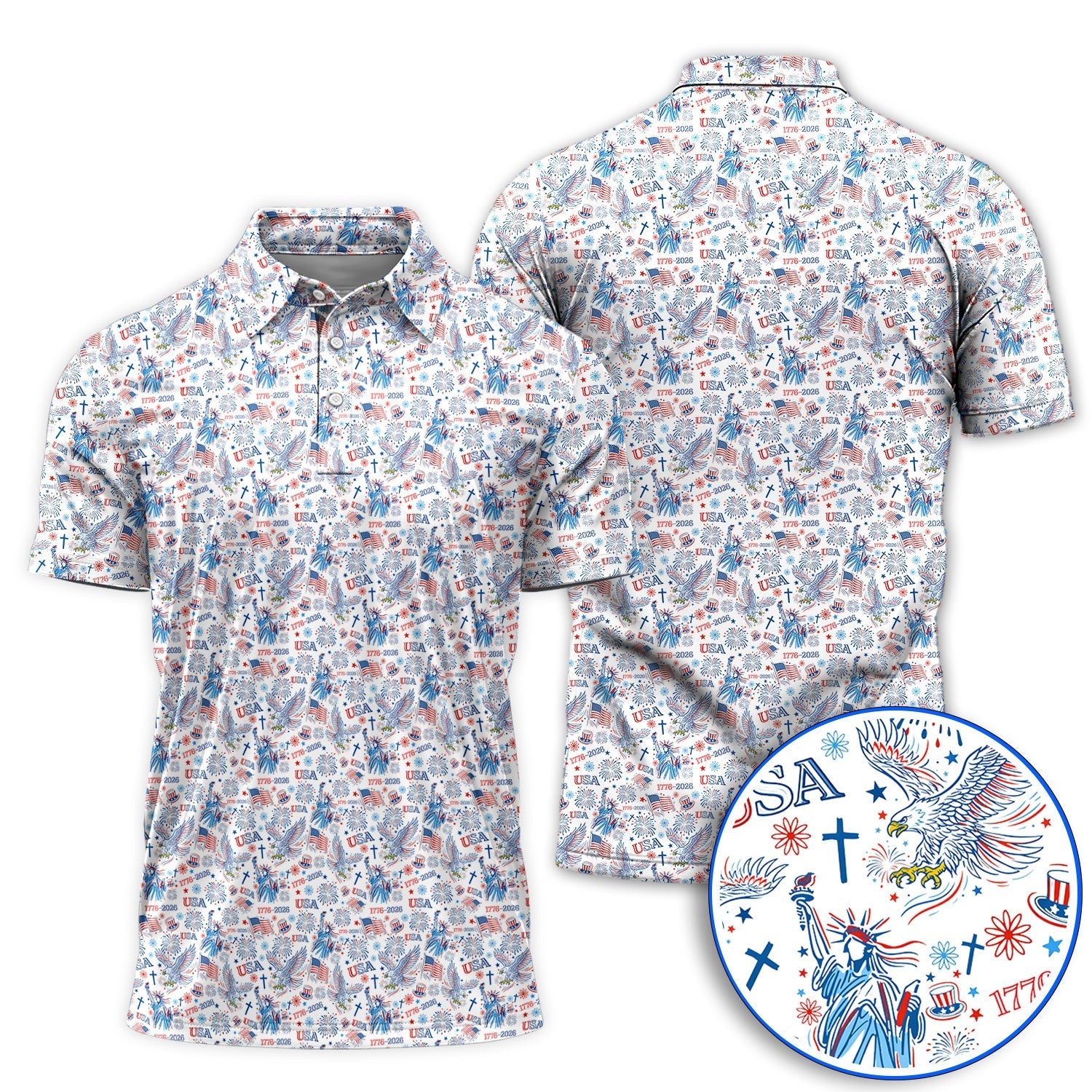 USA 1776–2026 Pattern Golf Polos, Eagle & Liberty Golf Shirt For Golfer, 4th of July Golf Shirts