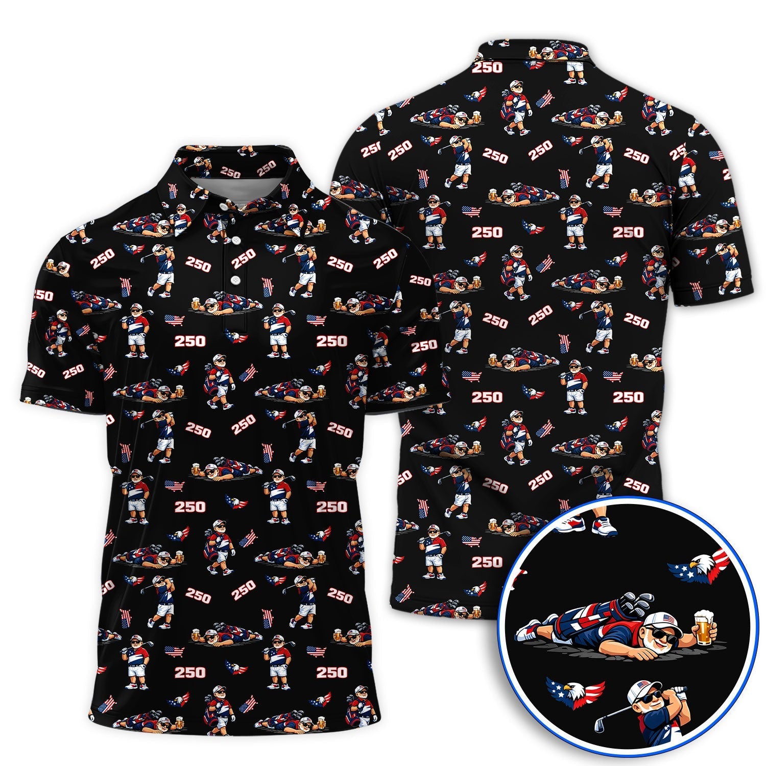Funny Patriotic USA And Beer Pattern Golf Polos, America 250th Golf Shirt, Golf Gift For Golfer