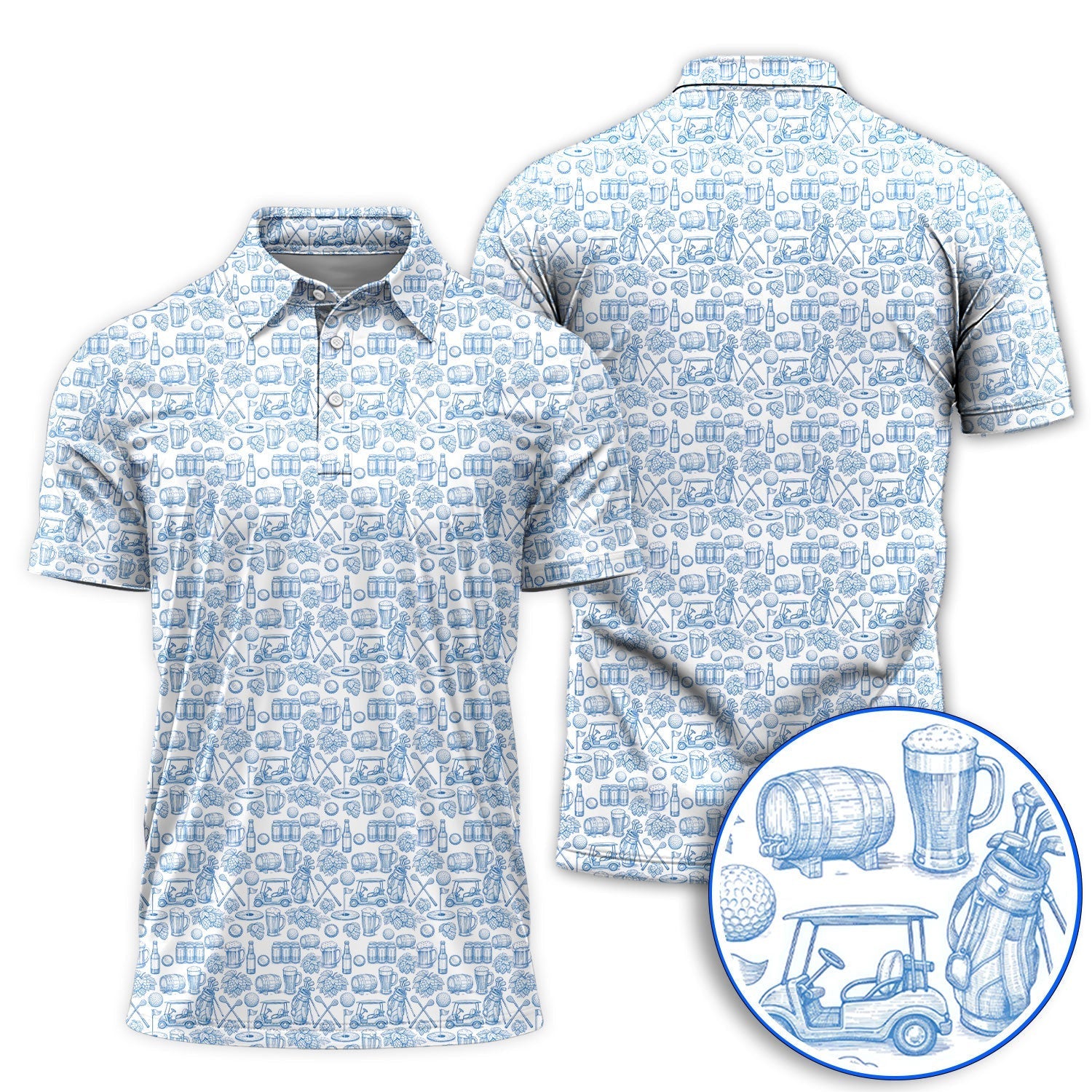 Toile De Jouy Pattern Golf Polos,  Funny Beer Golf Shirt For Men, Golf Gift For Golfer