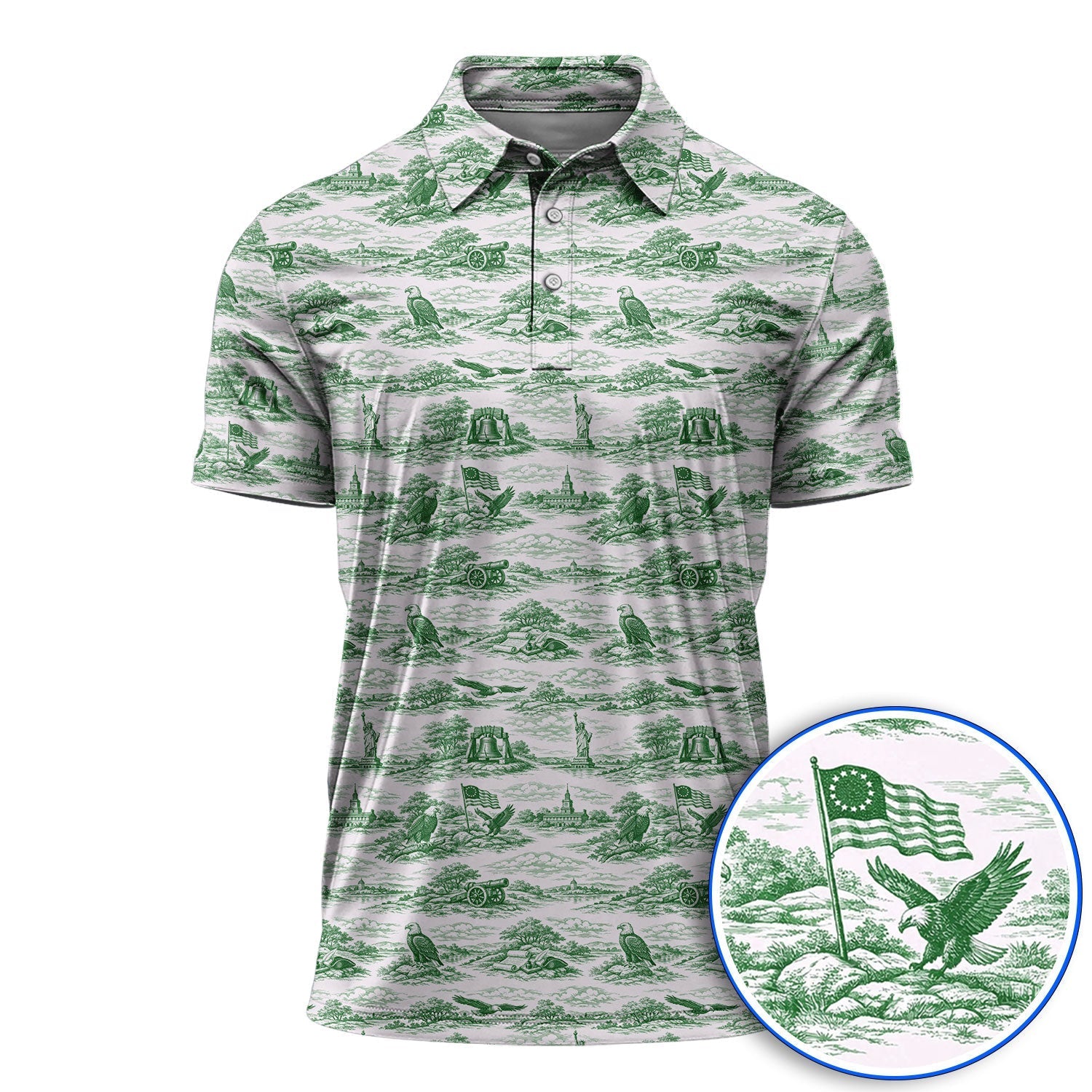 America 250th Patriotic Golf Polos, USA Toile De Jouy Pattern Golf Shirt For Golfer, Crazy Golf Shirt