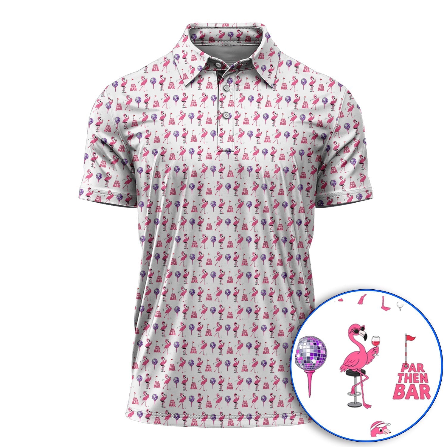 Funny Tropical Flamingo Pattern Golf Shirt, Pink Flamingo Bird Golf Polos, Unique Summer Golf Gift For Golfer