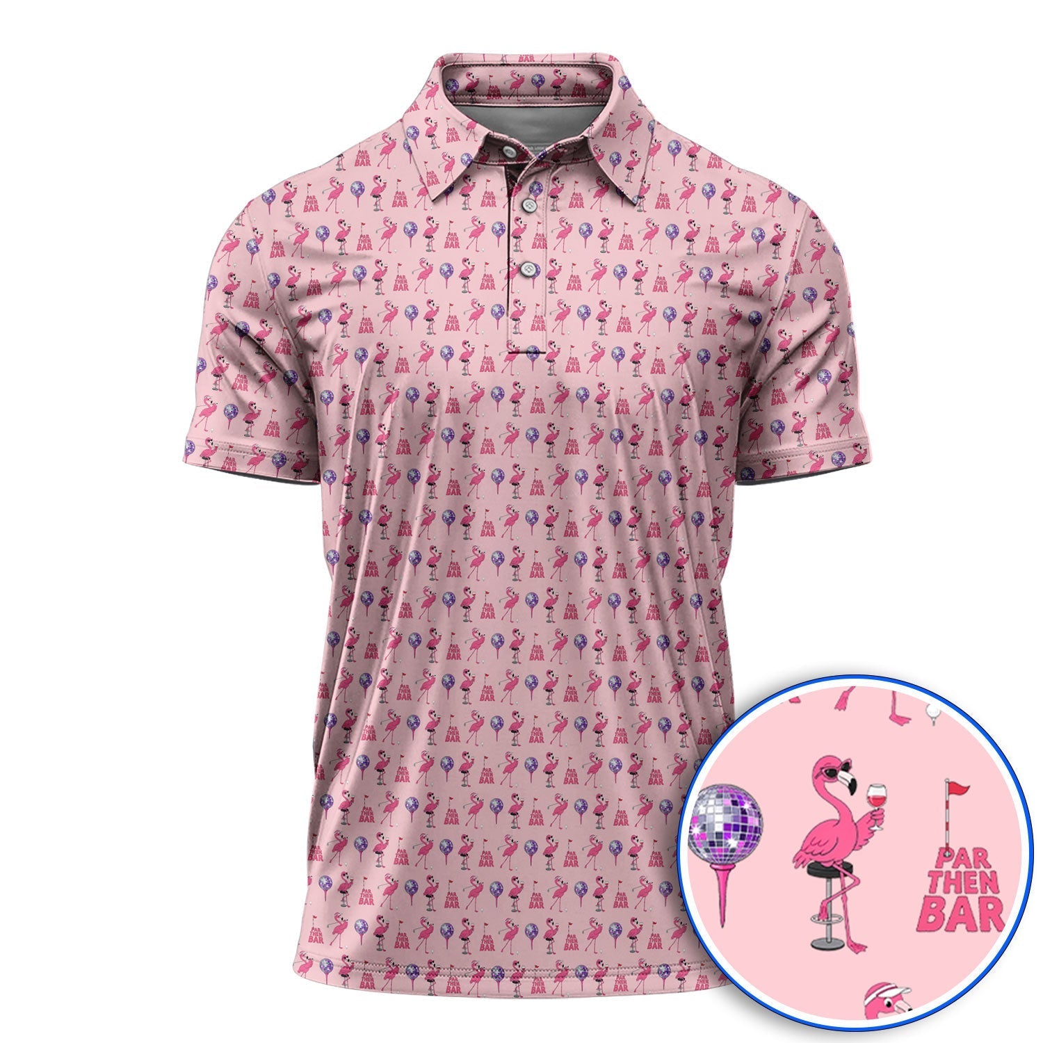 Funny Tropical Flamingo Pattern Golf Shirt, Pink Flamingo Bird Golf Polos, Unique Summer Golf Gift For Golfer