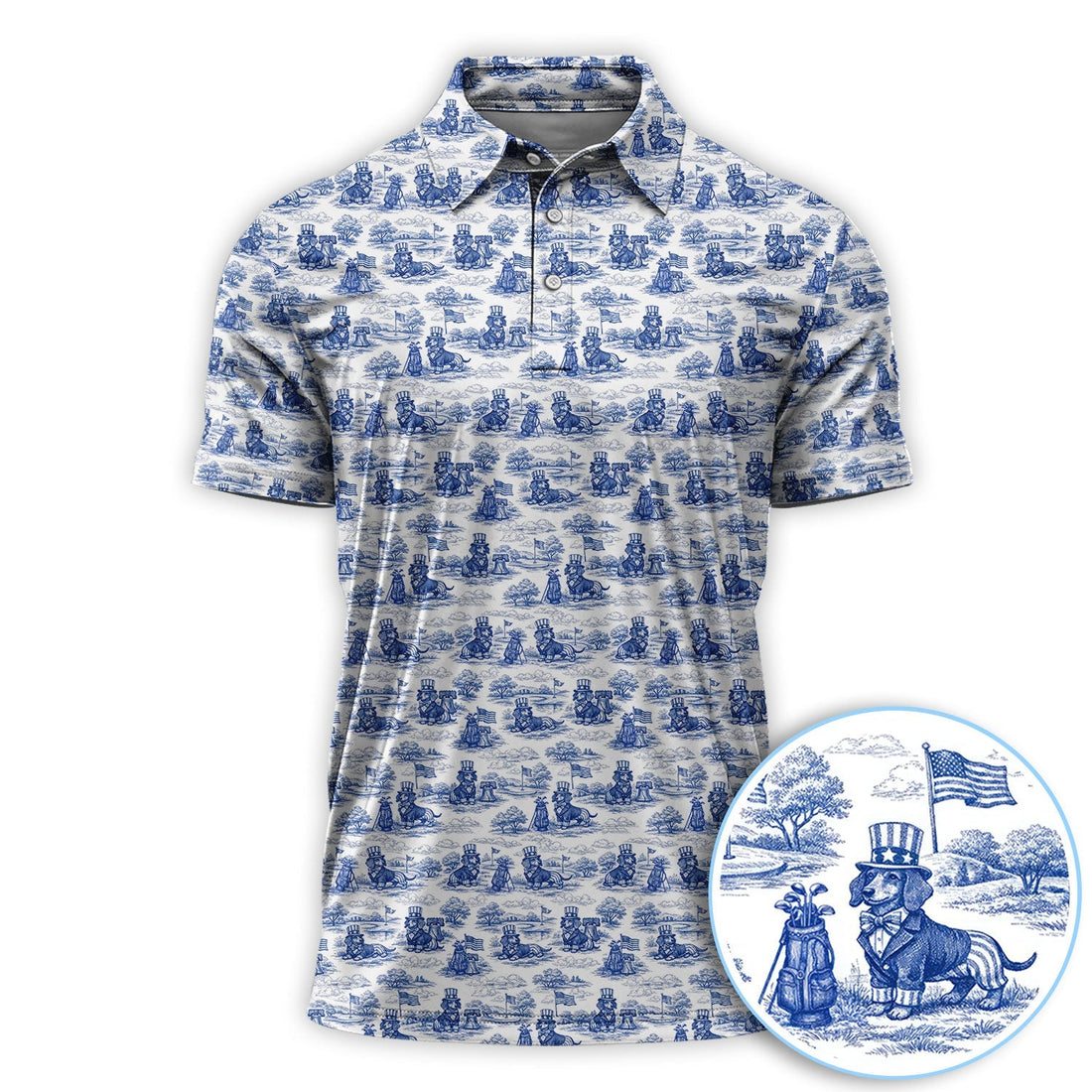 Toile De Jouy Dachshund Golf Polos, USA Wiener Dog Pattern Golf Shirt, Golf Gift For Men