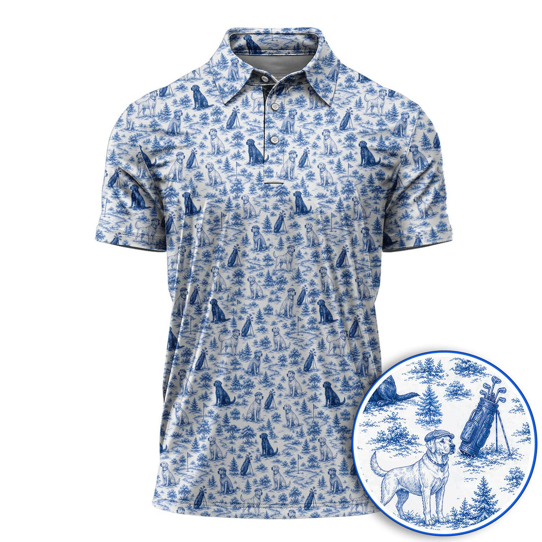 Labrador Toile De Jouy Pattern Golf Shirt, Classic Dog Lover Golf Polos, Luxury Golf Gift For Golfer