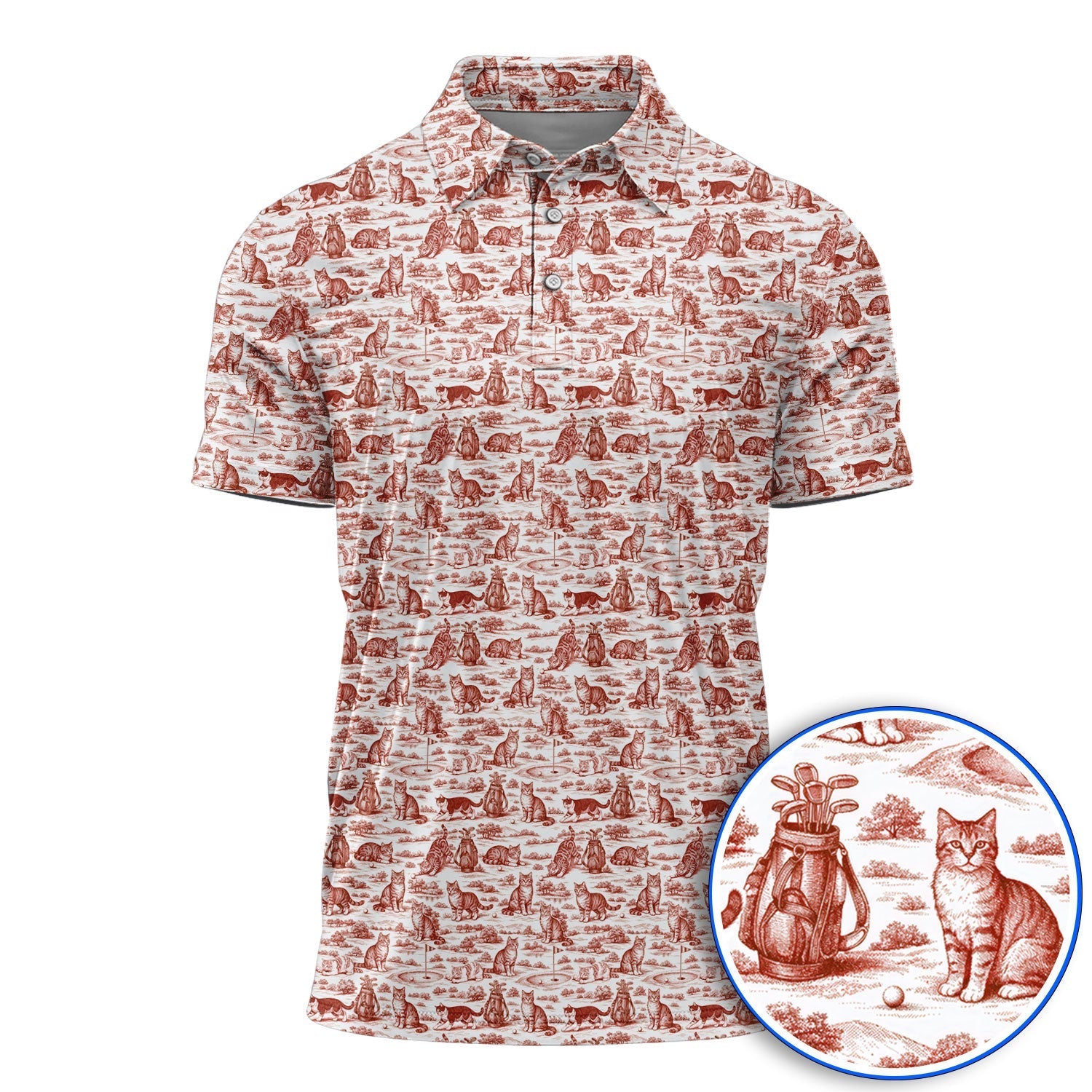Toile De Jouy Pattern Golf Polos, Crazy Cat Golf Shirt For Golfer, Golf Gift For Pet Lover