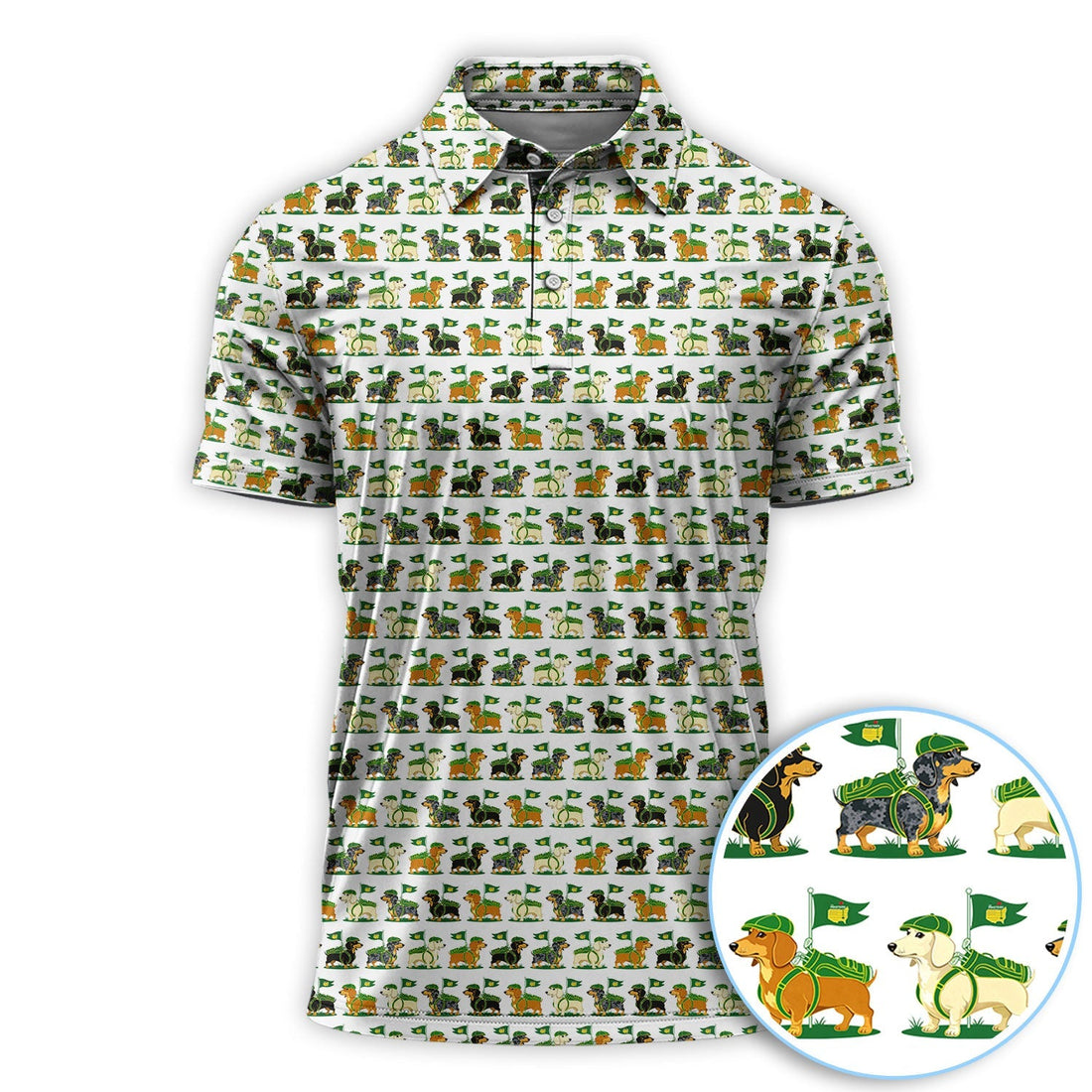 Dachshund Masters Golf Polos For Men, Wiener Dog Pattern Golf Shirt, Crazy Golf Shirt For Golfer