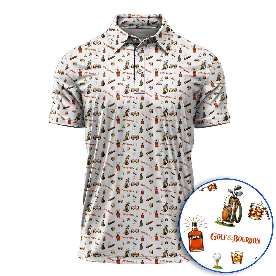 Golf & Bourbon Pattern Polos, Funny Golf Shirt For Golfer, Golfer Whiskey Shirt