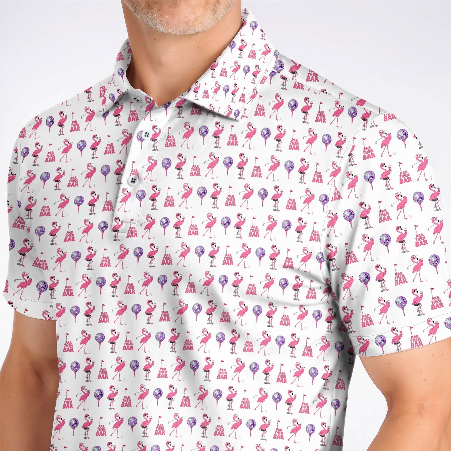 Funny Tropical Flamingo Pattern Golf Shirt, Pink Flamingo Bird Golf Polos, Unique Summer Golf Gift For Golfer