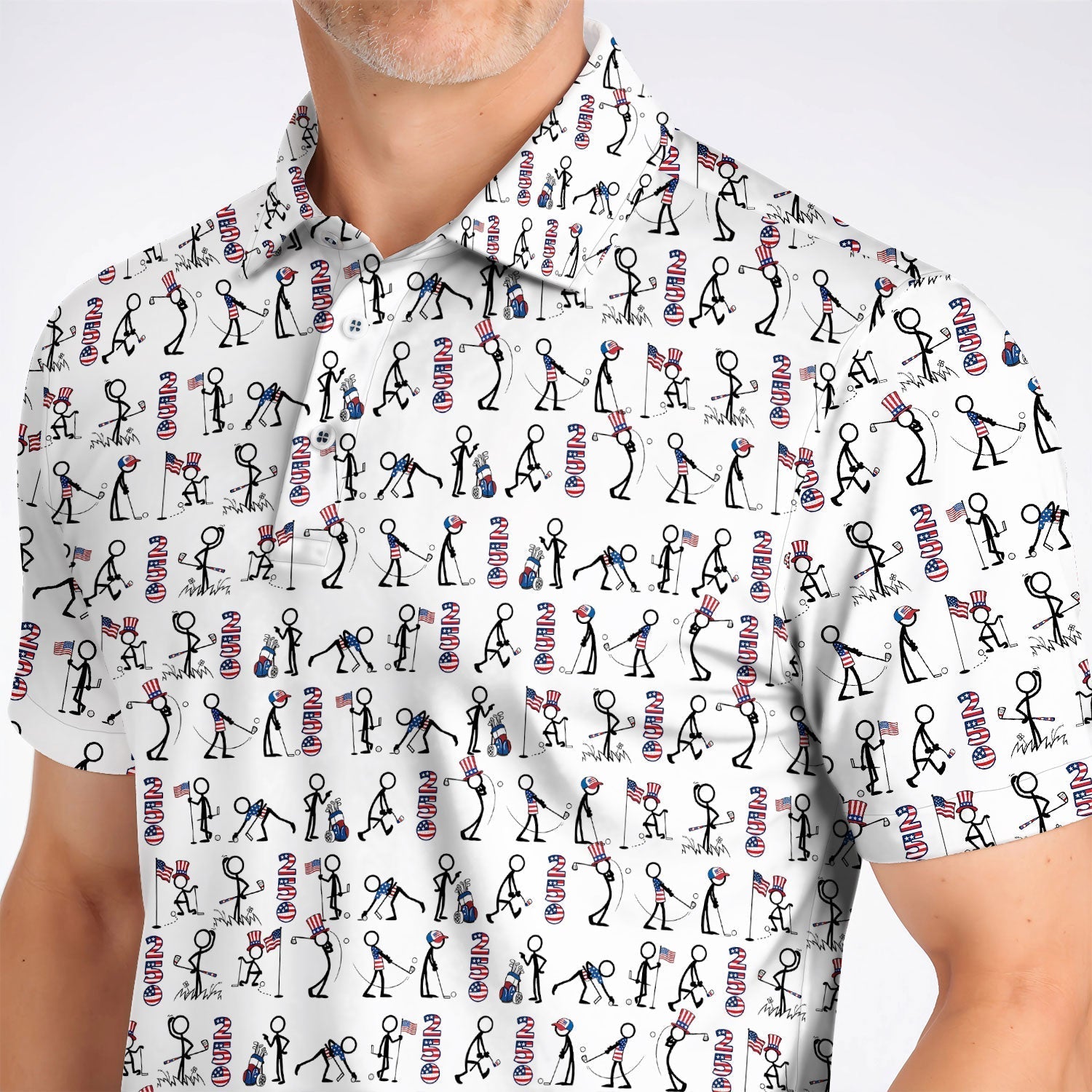 USA 250 Casual Patriotic Golf Shirt, Stick Figure Golfer Pattern Golf Polos, Funny Golf Shirts Gor Golfer