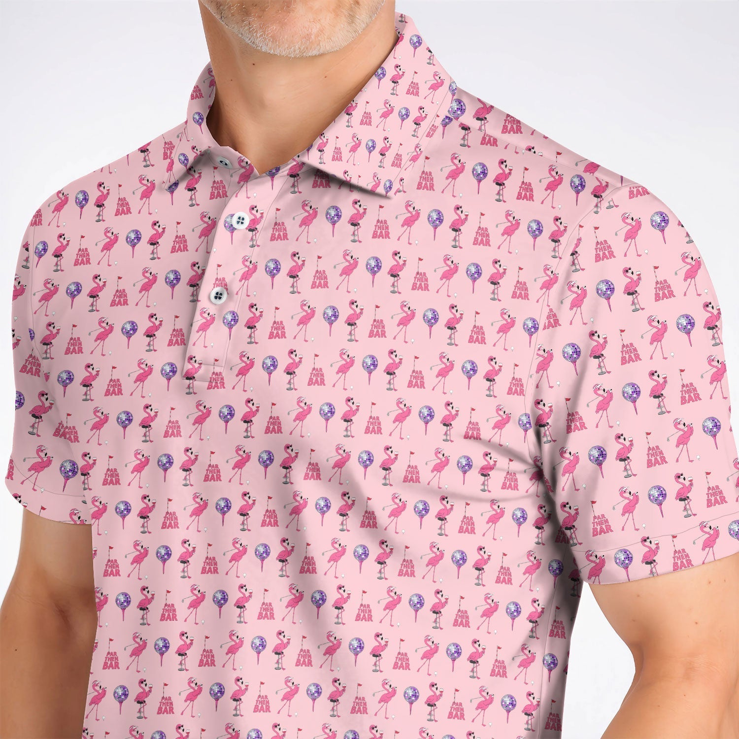 Funny Tropical Flamingo Pattern Golf Shirt, Pink Flamingo Bird Golf Polos, Unique Summer Golf Gift For Golfer