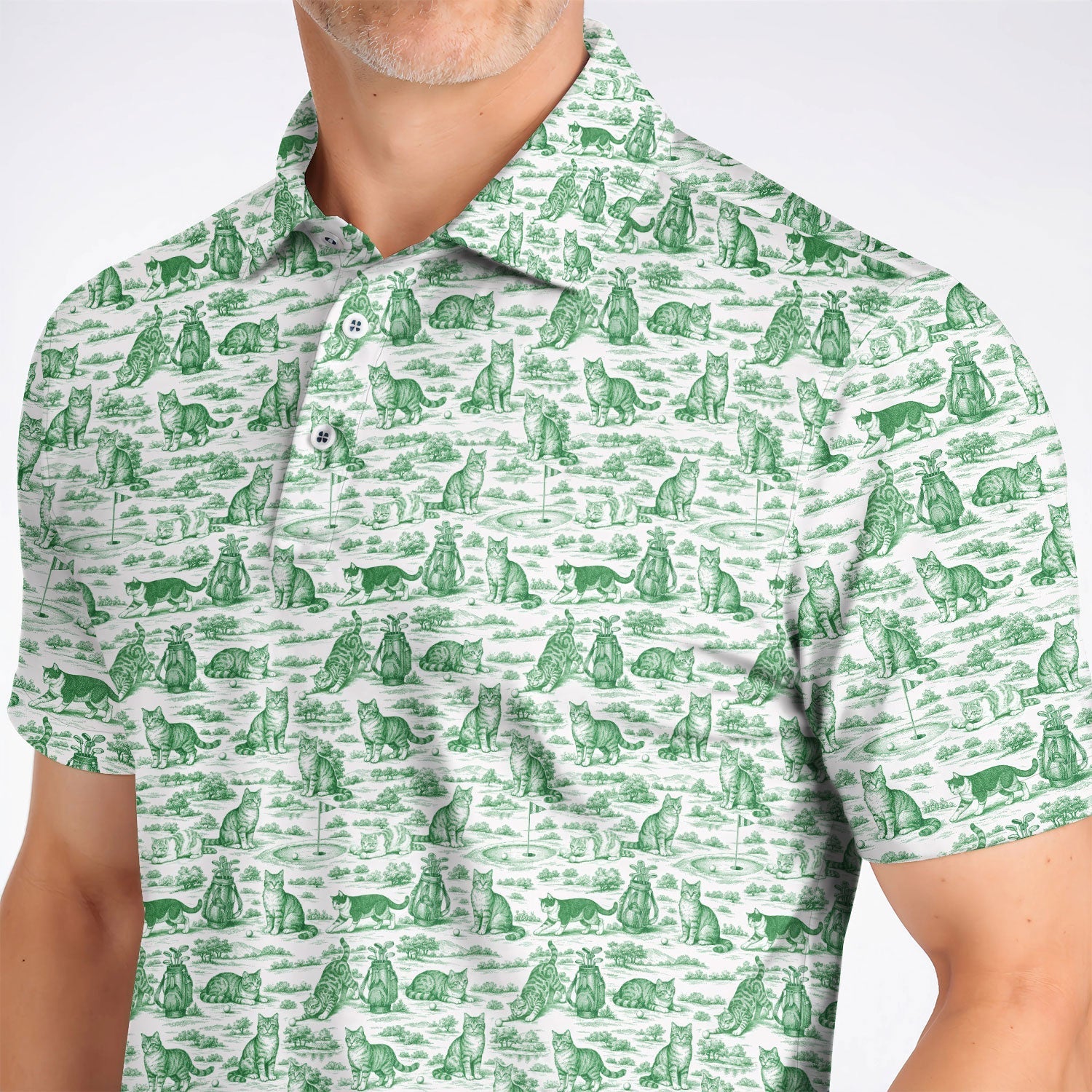 Toile De Jouy Pattern Golf Polos, Crazy Cat Golf Shirt For Golfer, Golf Gift For Pet Lover
