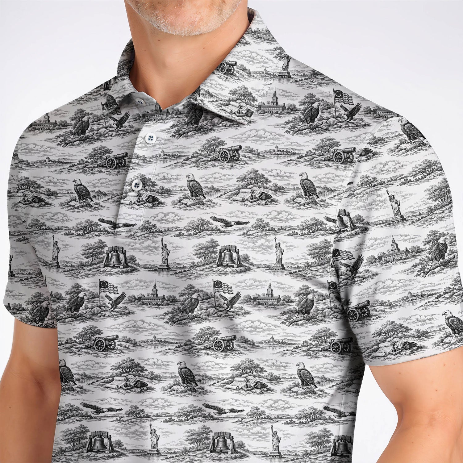 America 250th Patriotic Golf Polos, USA Toile De Jouy Pattern Golf Shirt For Golfer, Crazy Golf Shirt