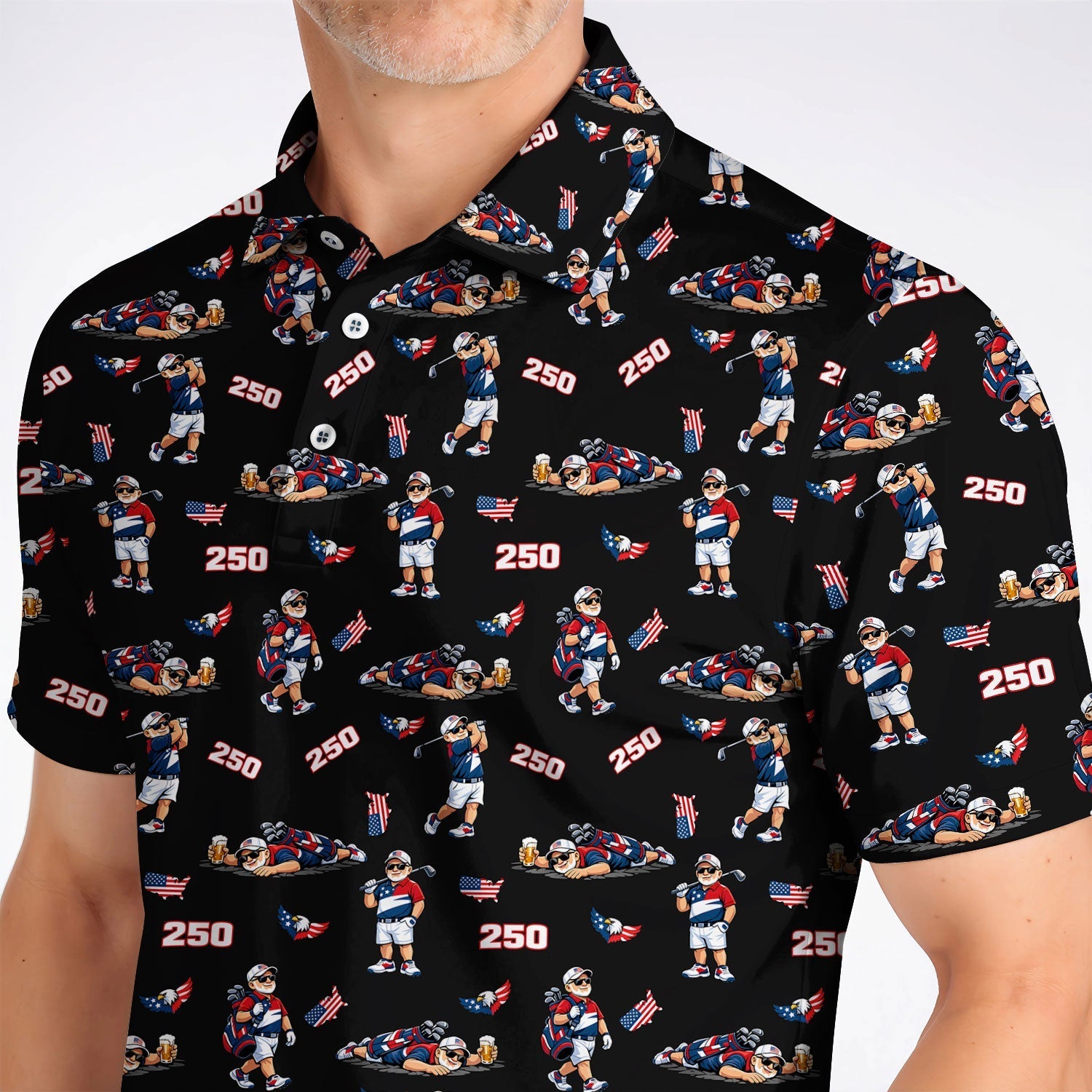 Funny Patriotic USA And Beer Pattern Golf Polos, America 250th Golf Shirt, Golf Gift For Golfer
