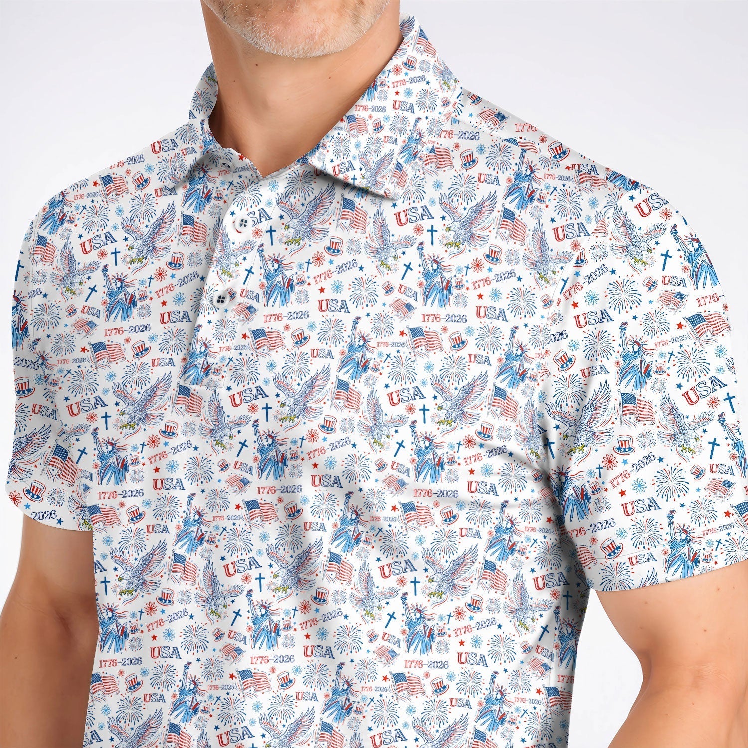 USA 1776–2026 Pattern Golf Polos, Eagle & Liberty Golf Shirt For Golfer, 4th of July Golf Shirts
