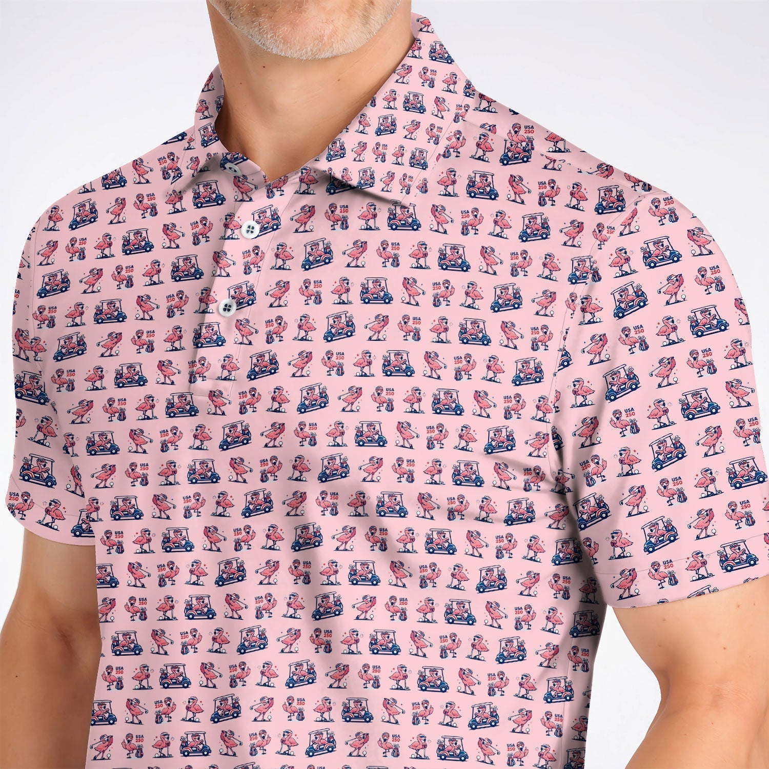 Funny Flamingo Pattern Golf Polos, USA 250 Patriotic Summer Golf Shirt, Crazy Golf Gift For Golfer