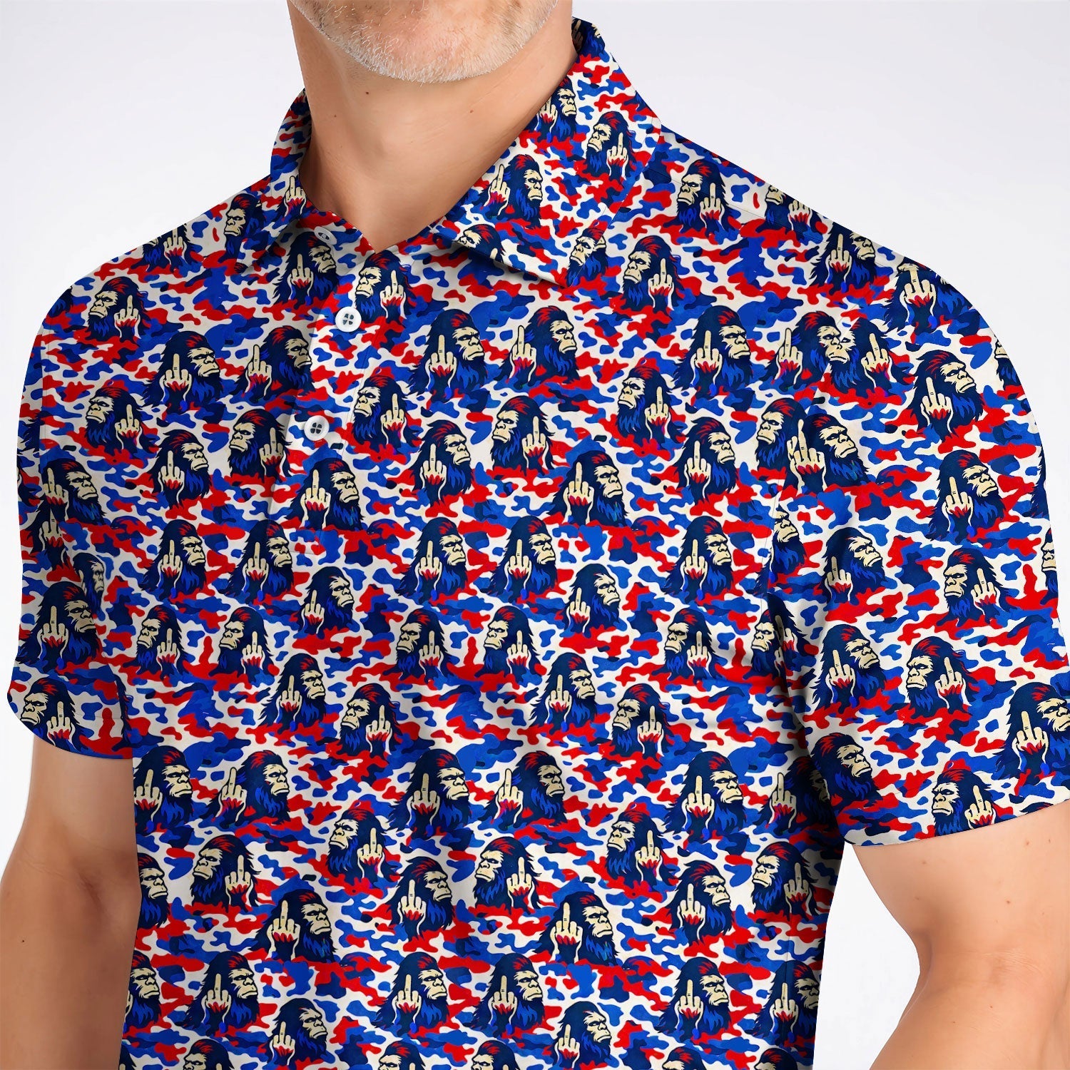 Funny Patriotic Bigfoot Golf Polos , USA Camo Sasquatch Golf Shirt, Golf Gift For Golfer
