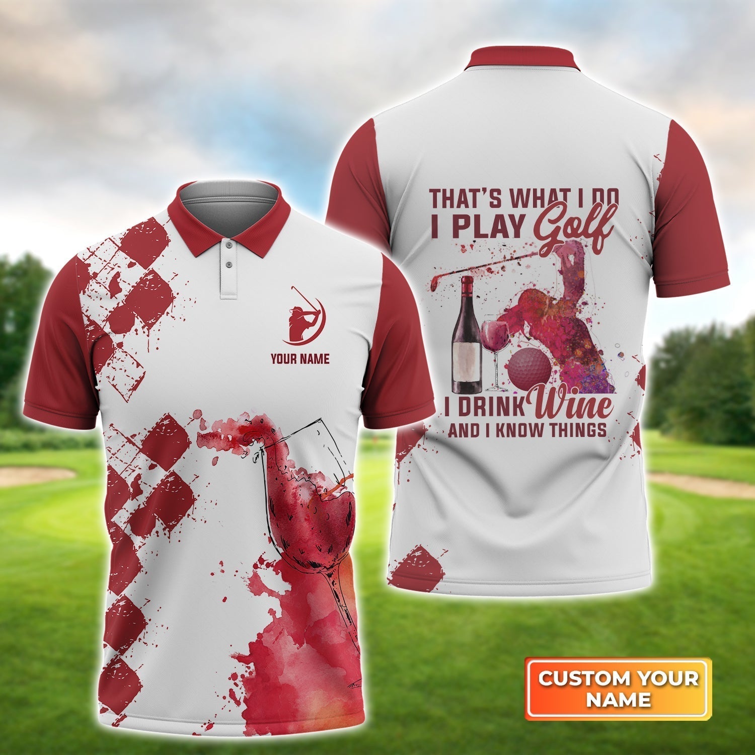 Play Golf Drink Wine Know Things Argyle Burgundy Watercolor - Personalized Name 3D Polo Shirt For Golfers