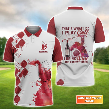 Play Golf Drink Wine Know Things Argyle Burgundy Watercolor - Personalized Name 3D Polo Shirt For Golfers