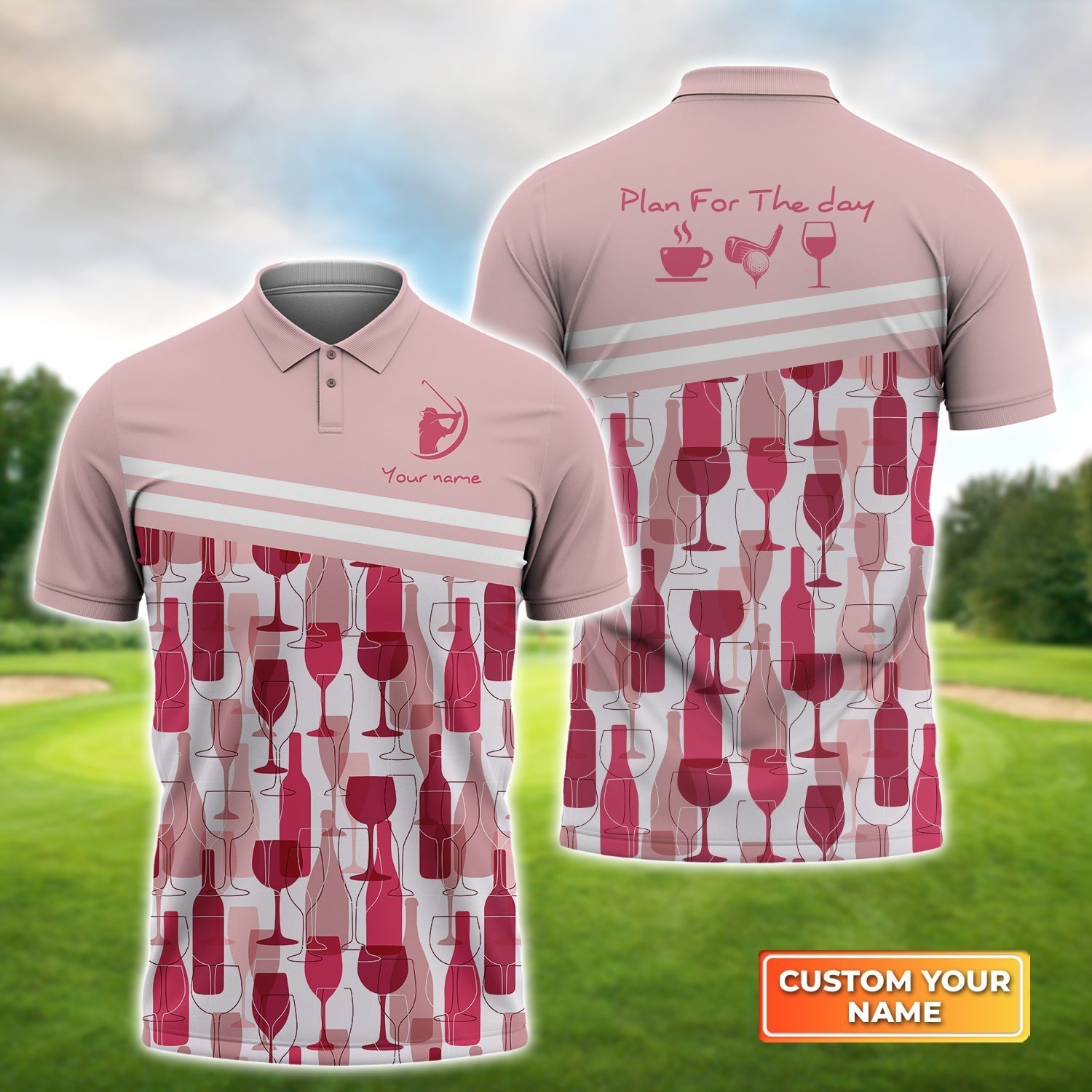 Plan For The Day Coffee Golf Wine Seamless Pattern - Personalized Name 3D Polo Shirt For Golfers