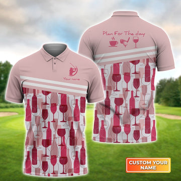 Plan For The Day Coffee Golf Wine Seamless Pattern - Personalized Name 3D Polo Shirt For Golfers