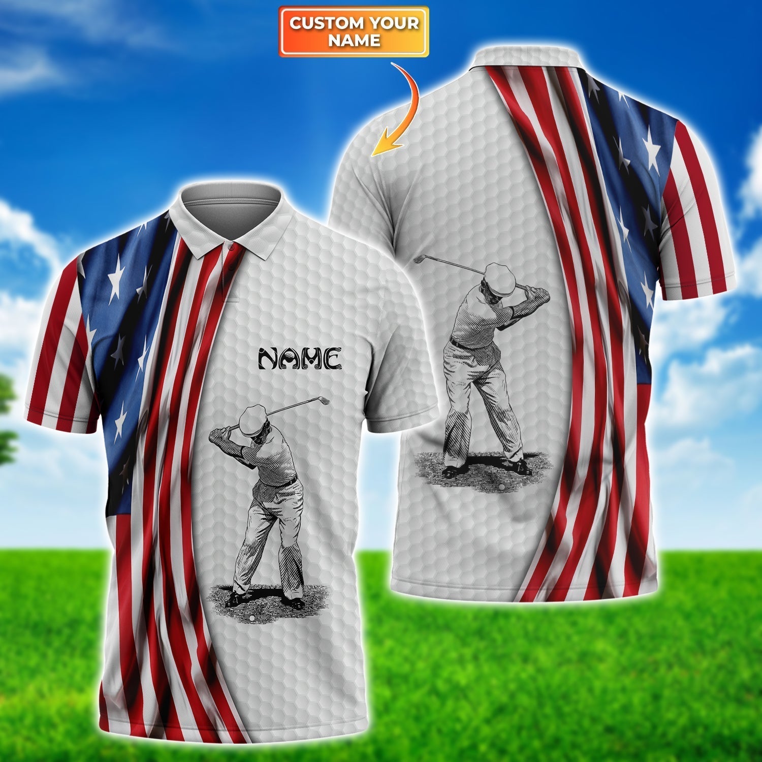 America Flag Swing Golf Men's Golf Polo ShirtGolfing Apparel, Mens Golf Gift, Funny Golf Shirt