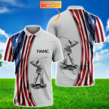 America Flag Swing Golf Men's Golf Polo ShirtGolfing Apparel, Mens Golf Gift, Funny Golf Shirt