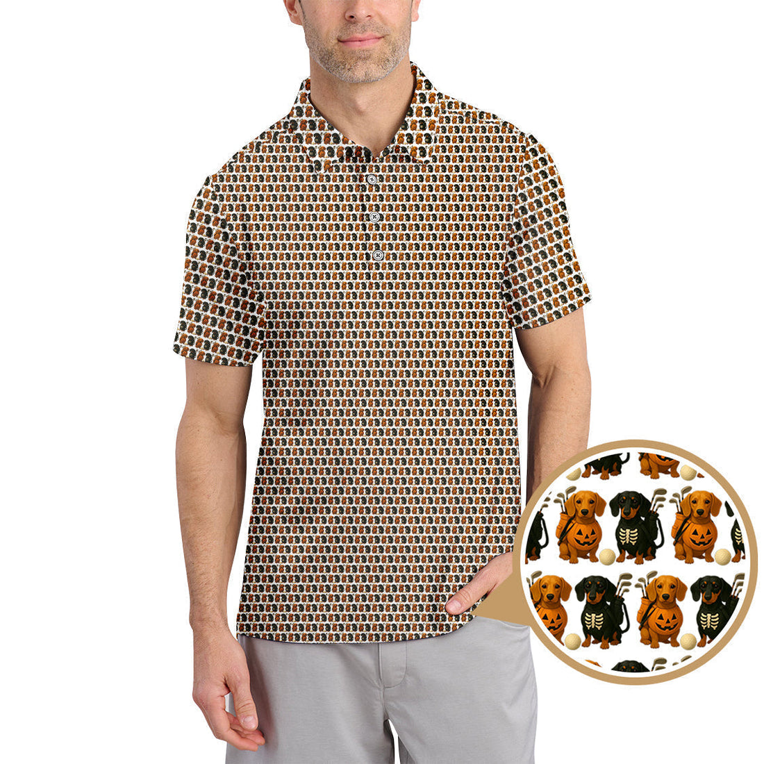 Halloween Golf Shirt, Dachshund Pattern Golf Shirt With Pumpkin And Skeleton, Funny Golf Shirt For Golfer, Dog Golf Shirt
