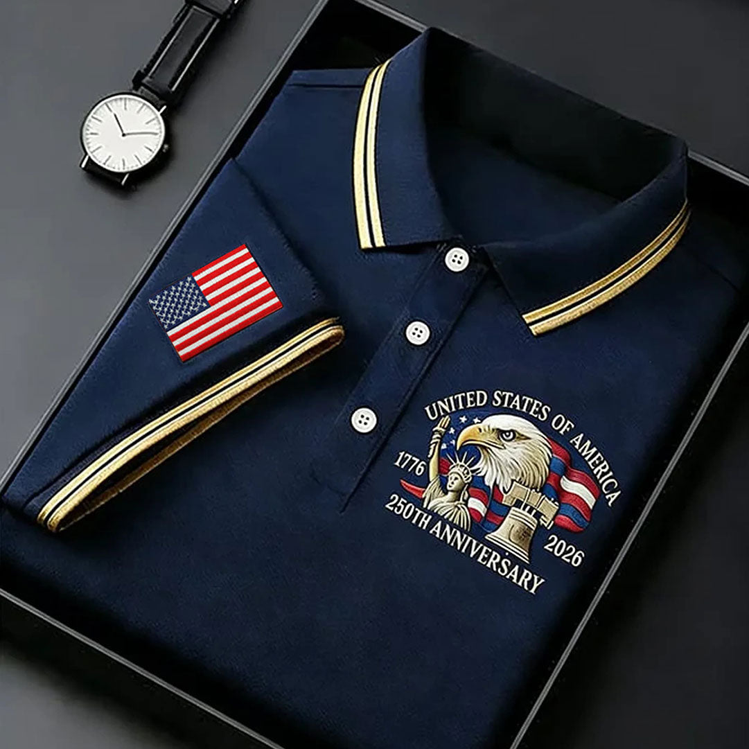 Bald Eagle American Flag 250 Years Navy Golf Shirt, Patriotic 4th Of July Golf Shirts For Men