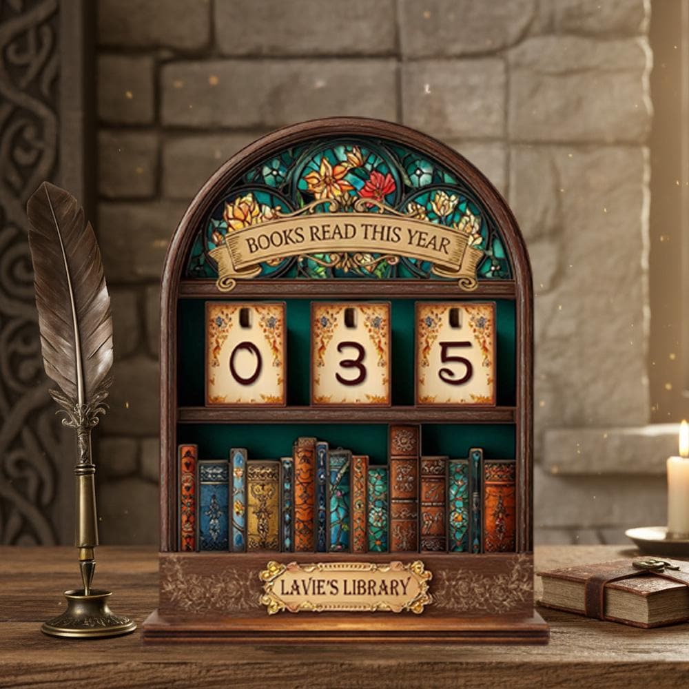 Personalized Wooden Reading Tracker Sign, Book Counter for Books Read by Year, Custom Library Desk Decor Gift