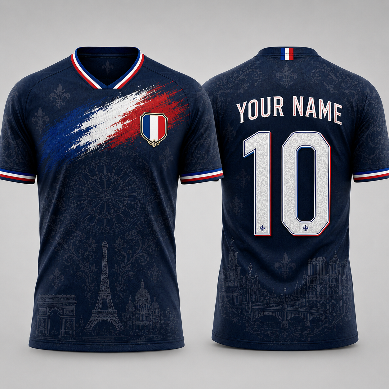 Parisian Landmarks V-Neck For Men Football Lover, Fleur De Lis Pattern French Flag Soccer Shirt