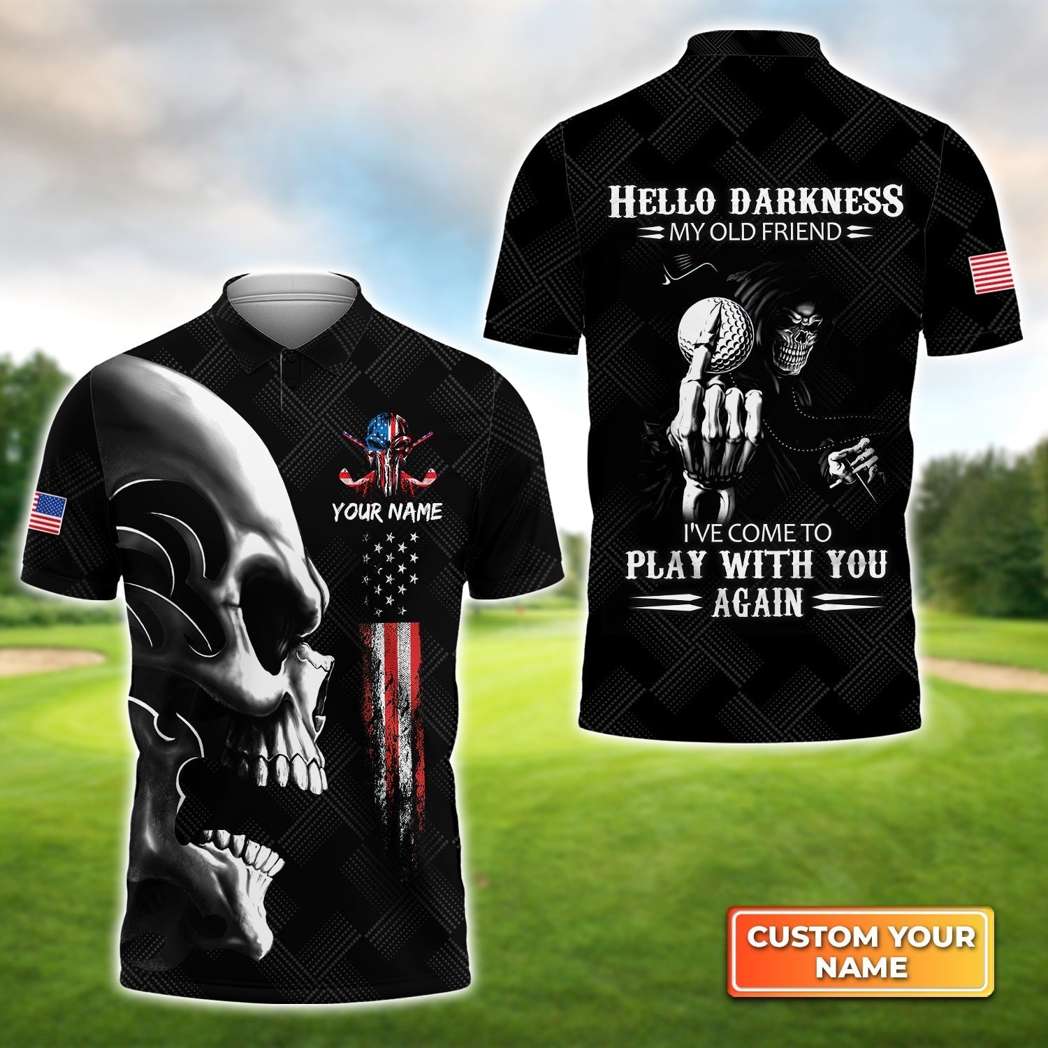 Golf American Flag Hello Darkness My Old Friend - Personalized Name 3D Polo Shirt For Golfers