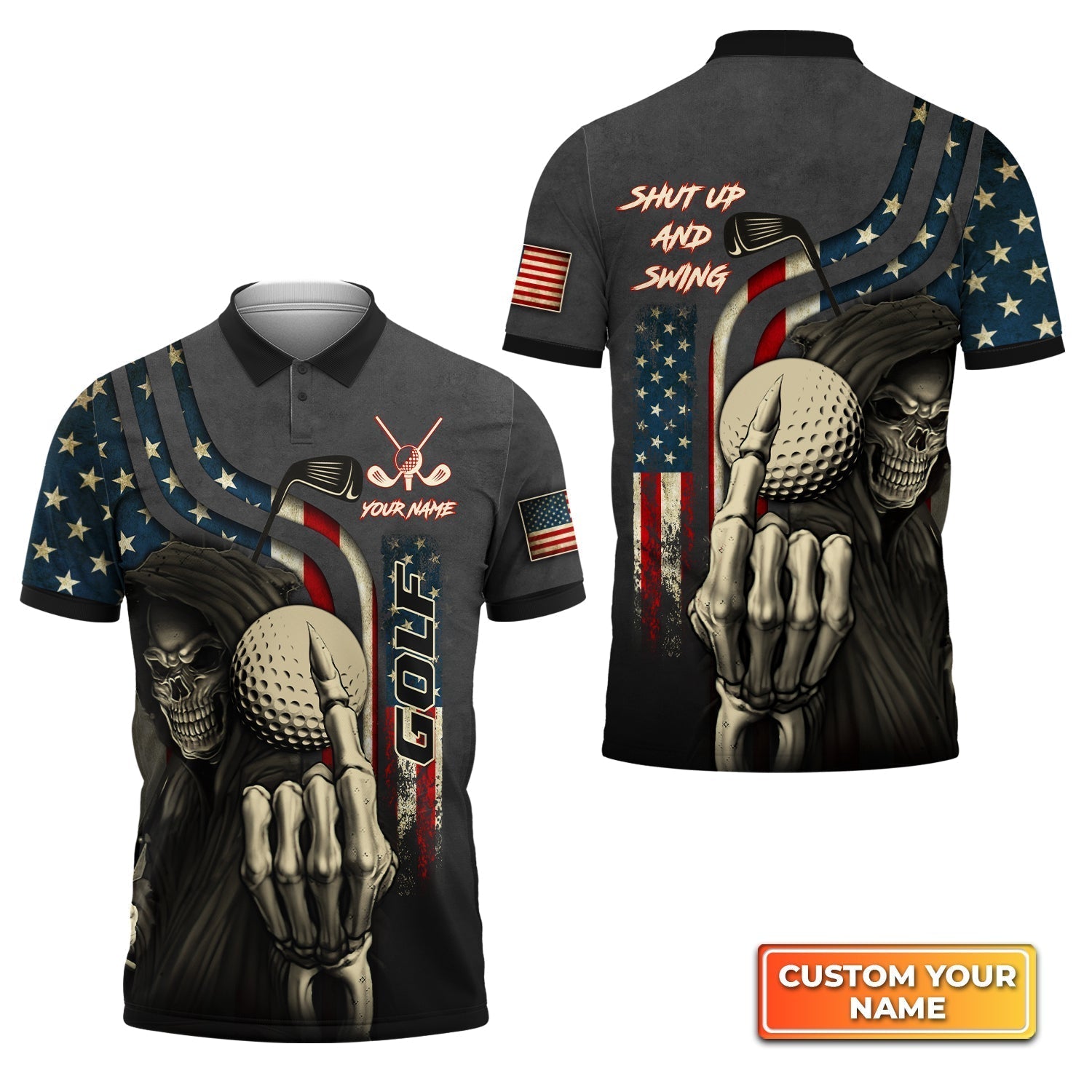 America Flag Skull Golf Shut Up And Swing - Personalized Name 3D Polo Shirt For Golfers