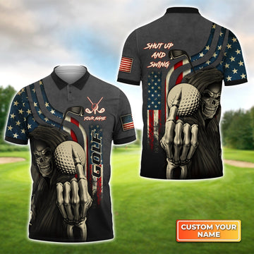 America Flag Skull Golf Shut Up And Swing - Personalized Name 3D Polo Shirt For Golfers