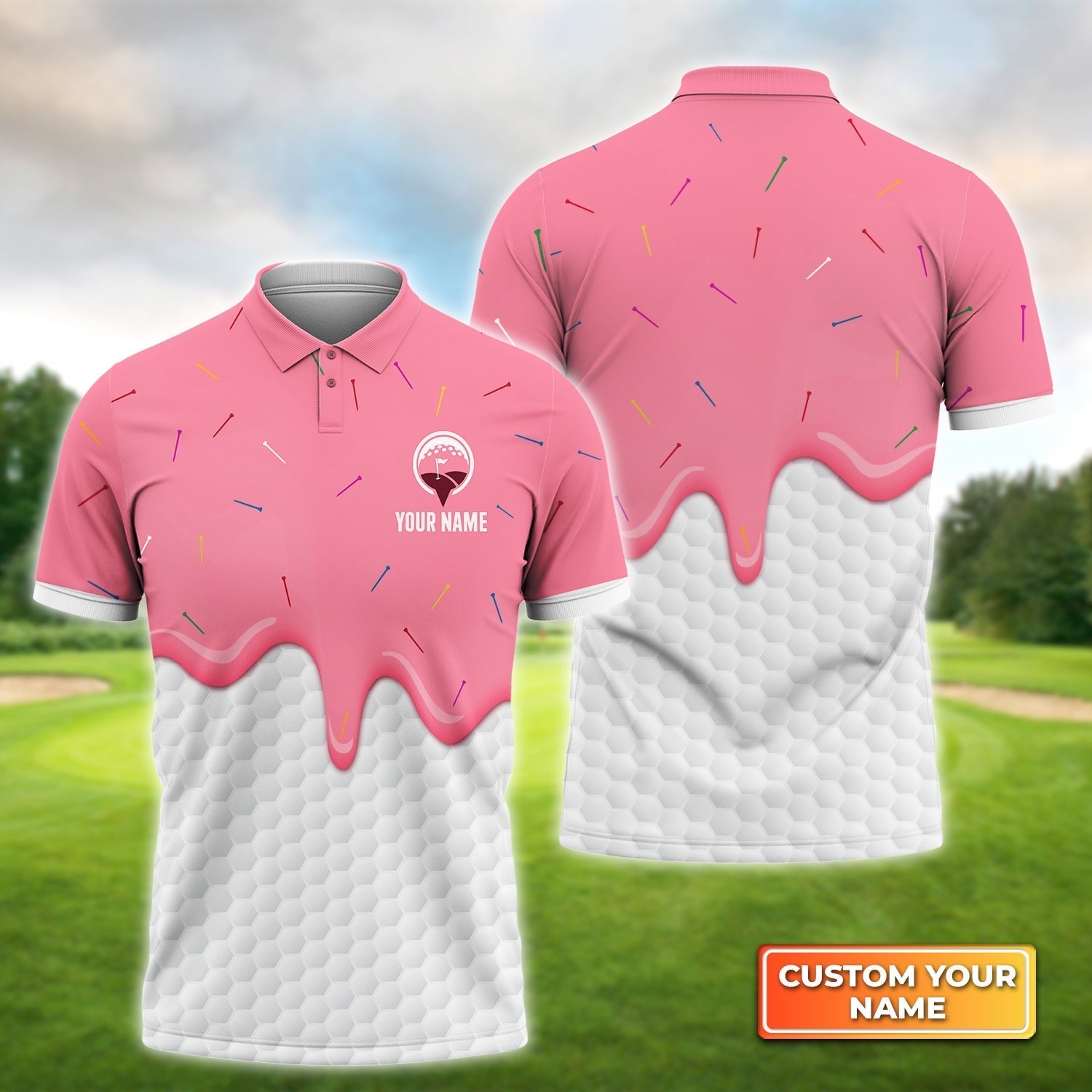 Ice Cream Melting On Golf Ball Cone - Personalized Name 3D Polo ShirtGolfers