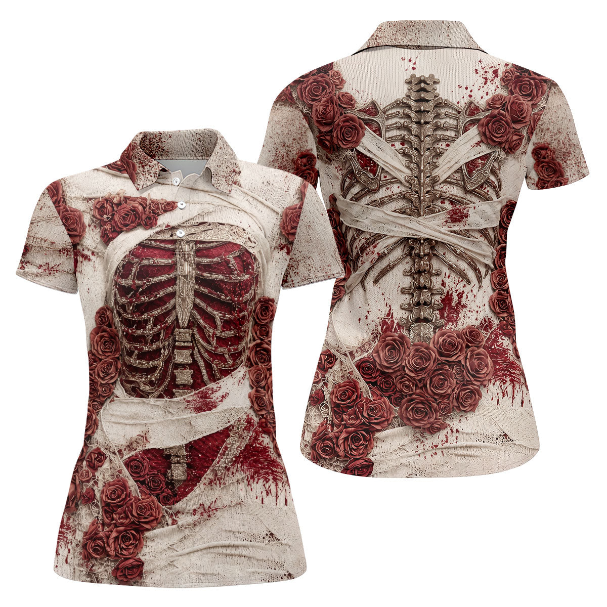 Bloody Skeleton Rose Halloween Polo Shirt, Golf Tops For Women, Women’s Golf Apparel