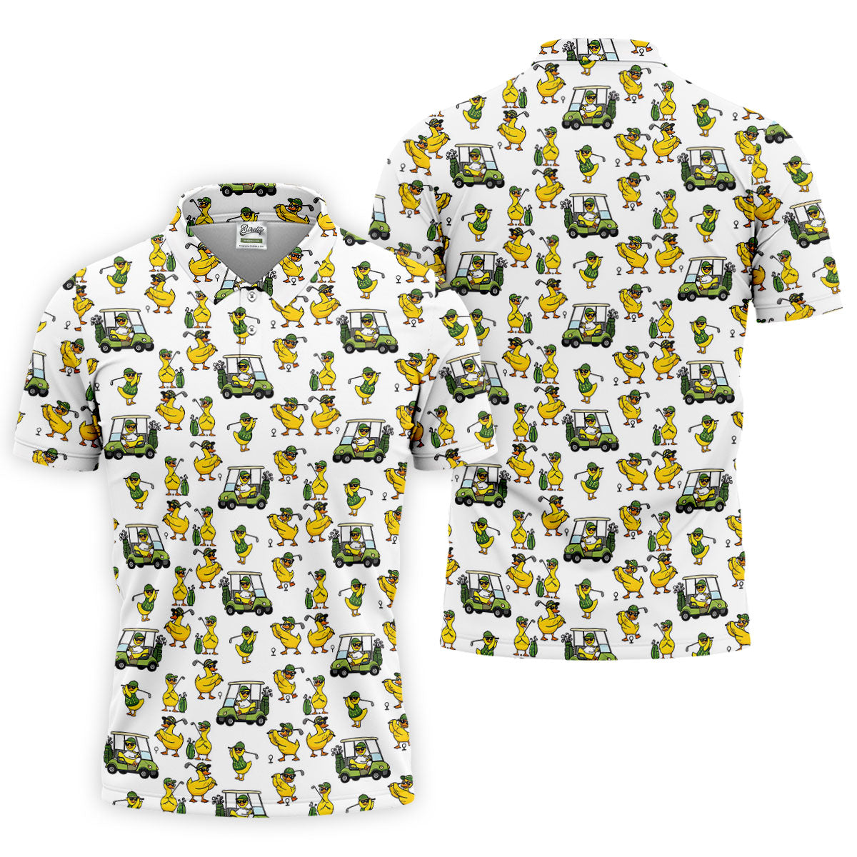 Funny Golfing Duck And Golf Cart Pattern Polo Shirt, Mens Golf Polo, Golf Shirts For Men