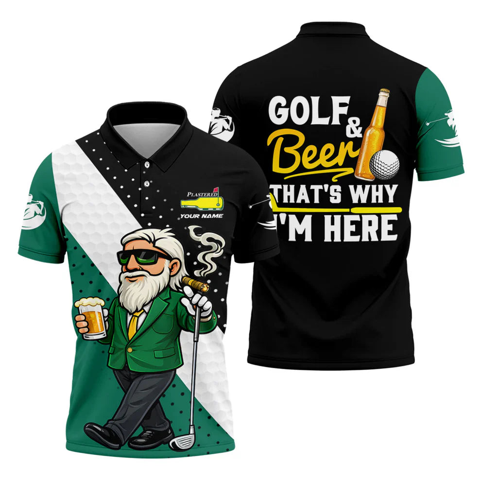Golf And Beer That's Why I'm Here Plastered Beer Bottle Logo Golf Tops For Men, Fun Golf Shirt