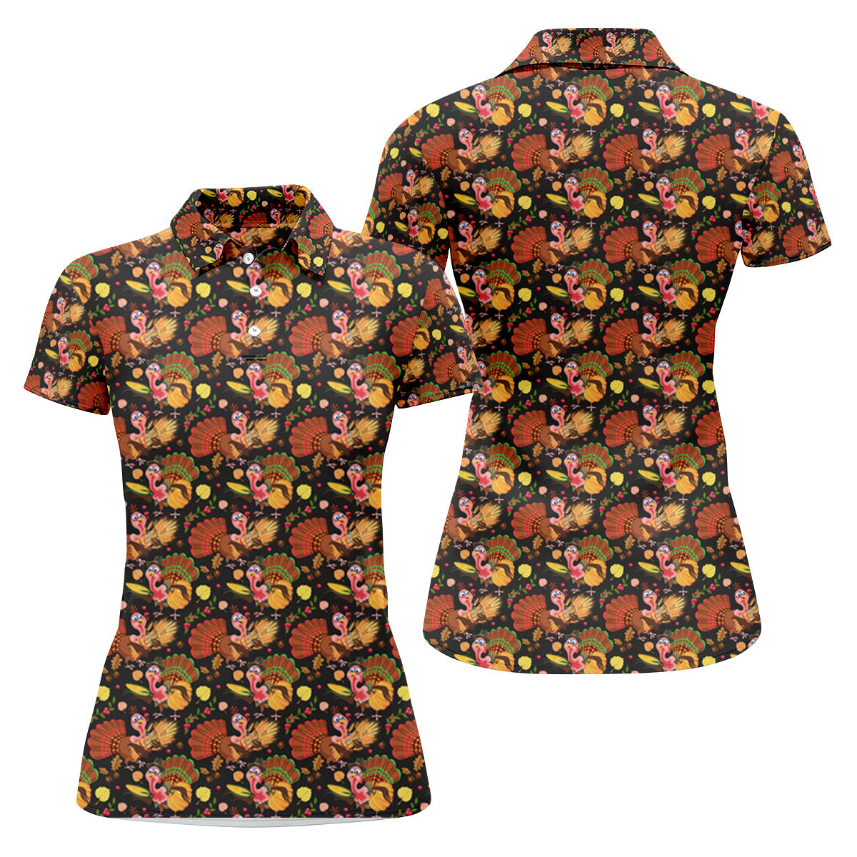Turkey Pumpkin Thanksgiving Holiday Black And Brown Ladies Golf Tops, Women Golf Top, Golf Gift For Ladies