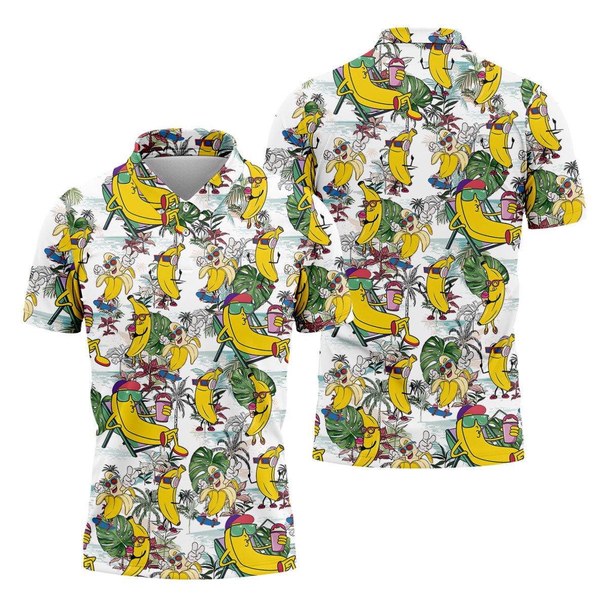 Cartoon Banana Characters On Tropical Island Hawaiian Golf Polo, Golf Tops For Men, Golfing Apparel