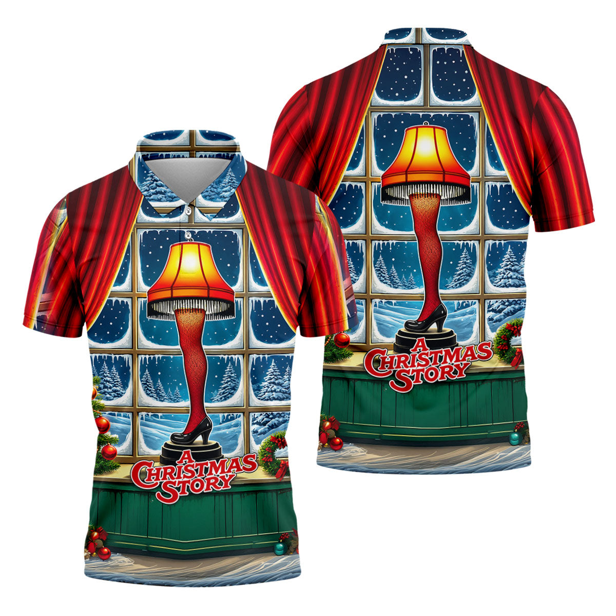 Funny Christmas Leg Lamp Window Golf Polo Shirt, Mens Golf Polo, Golf Apparel For Men