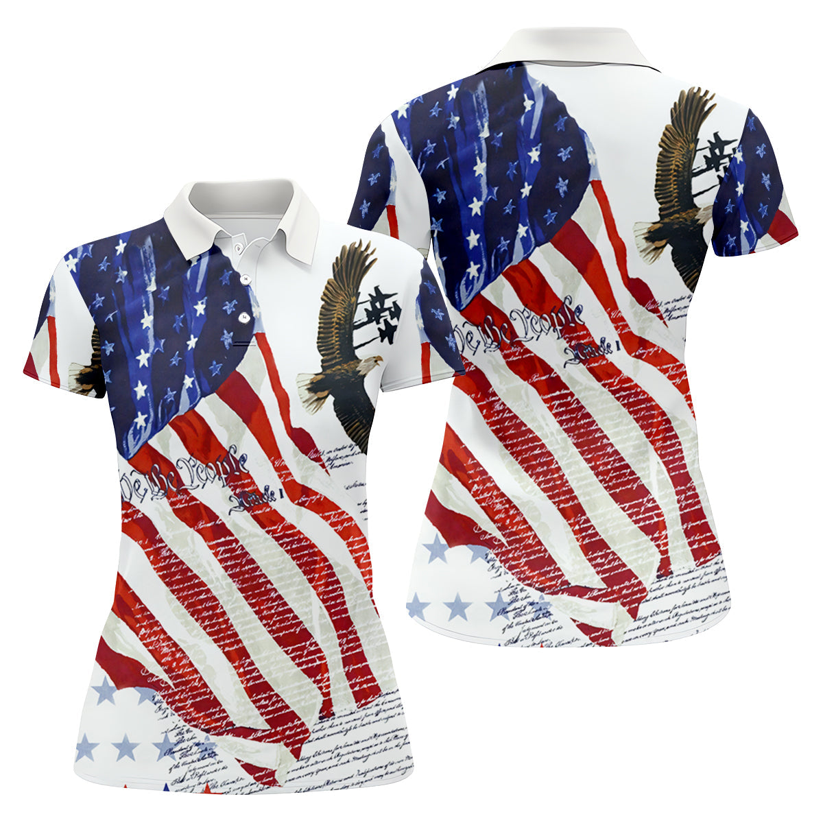We The People Bald Eagle American Flag Women's Golf Tops, 250th Anniversary Patriotic Golf Shirt