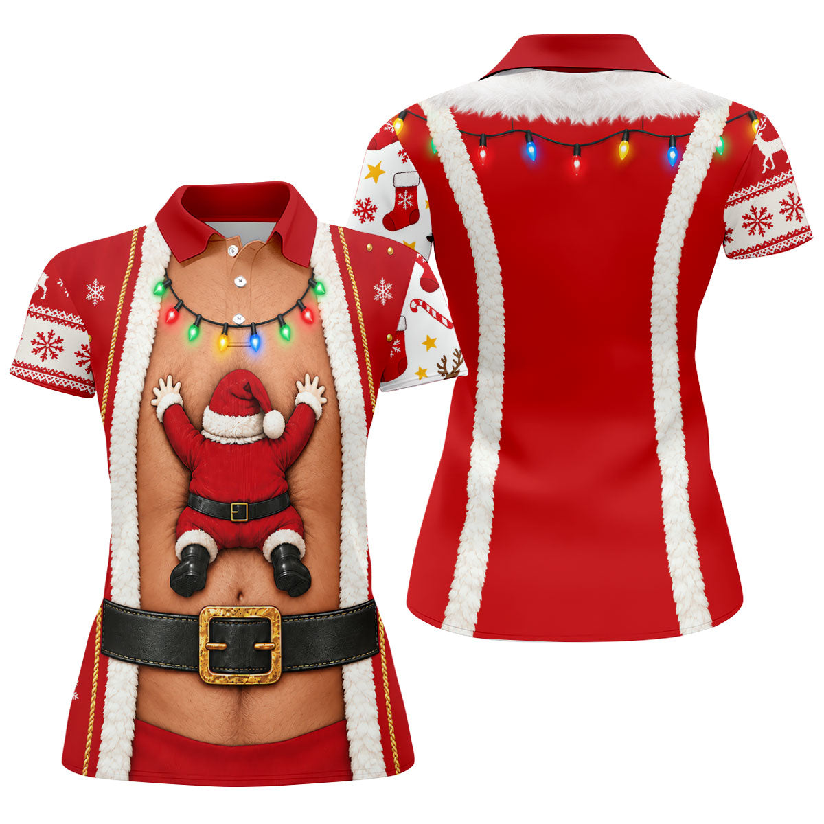 Santa Stuck In Belly Christmas Golf Shirt, Golf Shirts For Women, Womens Golf Tops